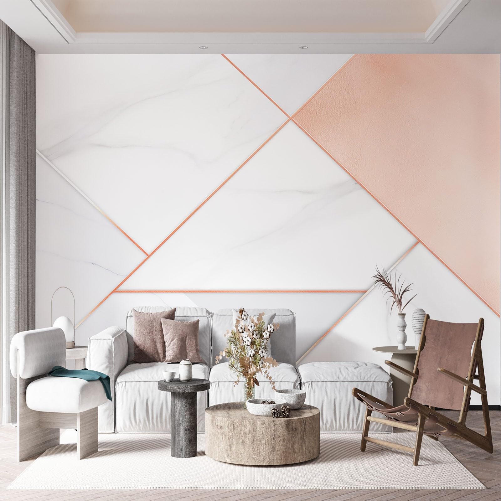 Panoramiczna tapeta mural, 400 x 280 cm (szer. x wys.), plakat ścienny, biały, geometryczny marmur, fototapeta, efekt 3D, tapeta w kolorze różowego złota, dekoracja plakatowa do sypialni, salonu,