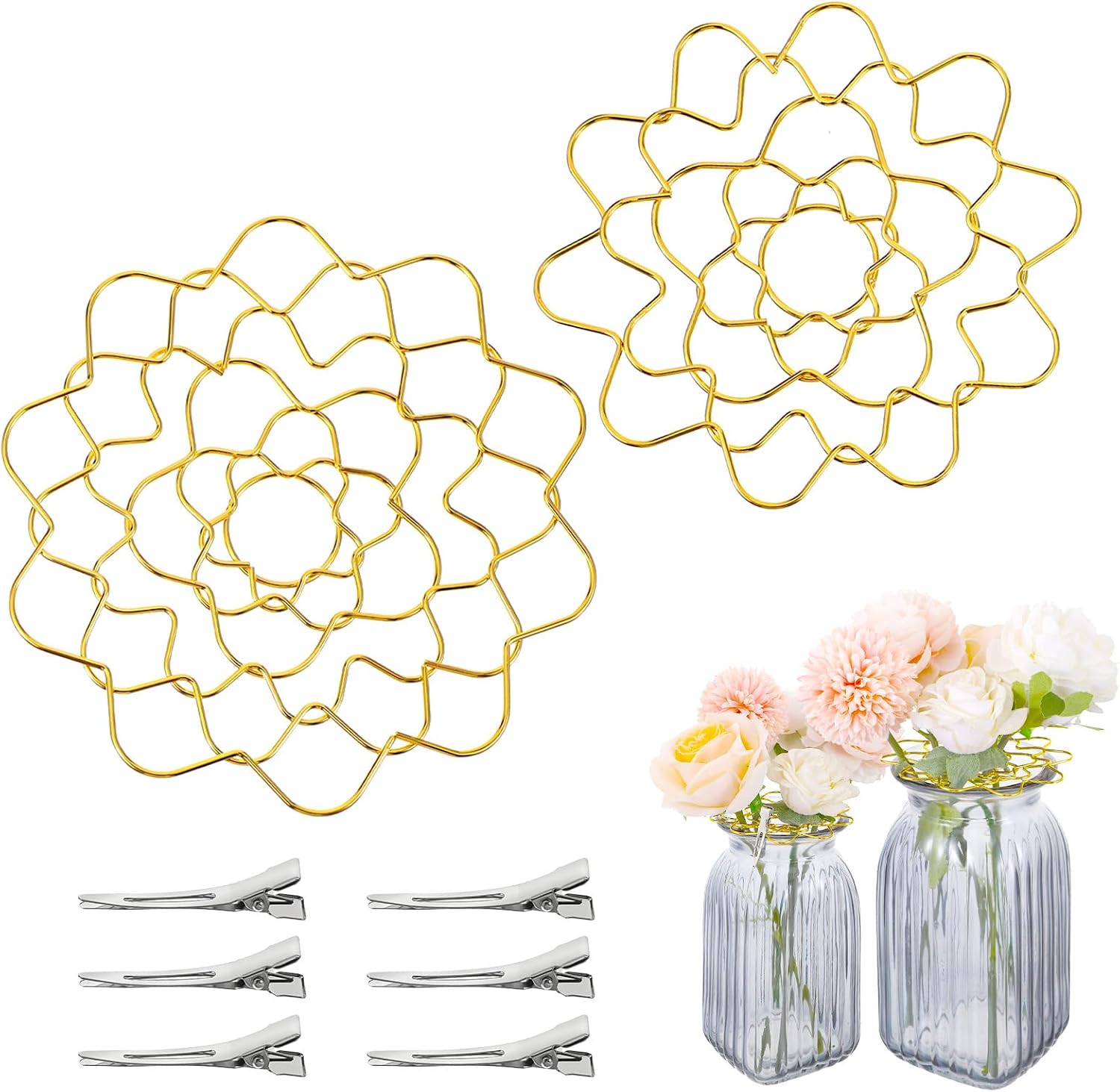 Sorcristy Flower Arrangement Holder, 2PCS Wire Frog Insert for Vase Bouquets Plant Fixation, Gold Reusable Metallic Floral Shaped Holder Tool for Bouquets Plant DIY Home Decor (4in/5in)