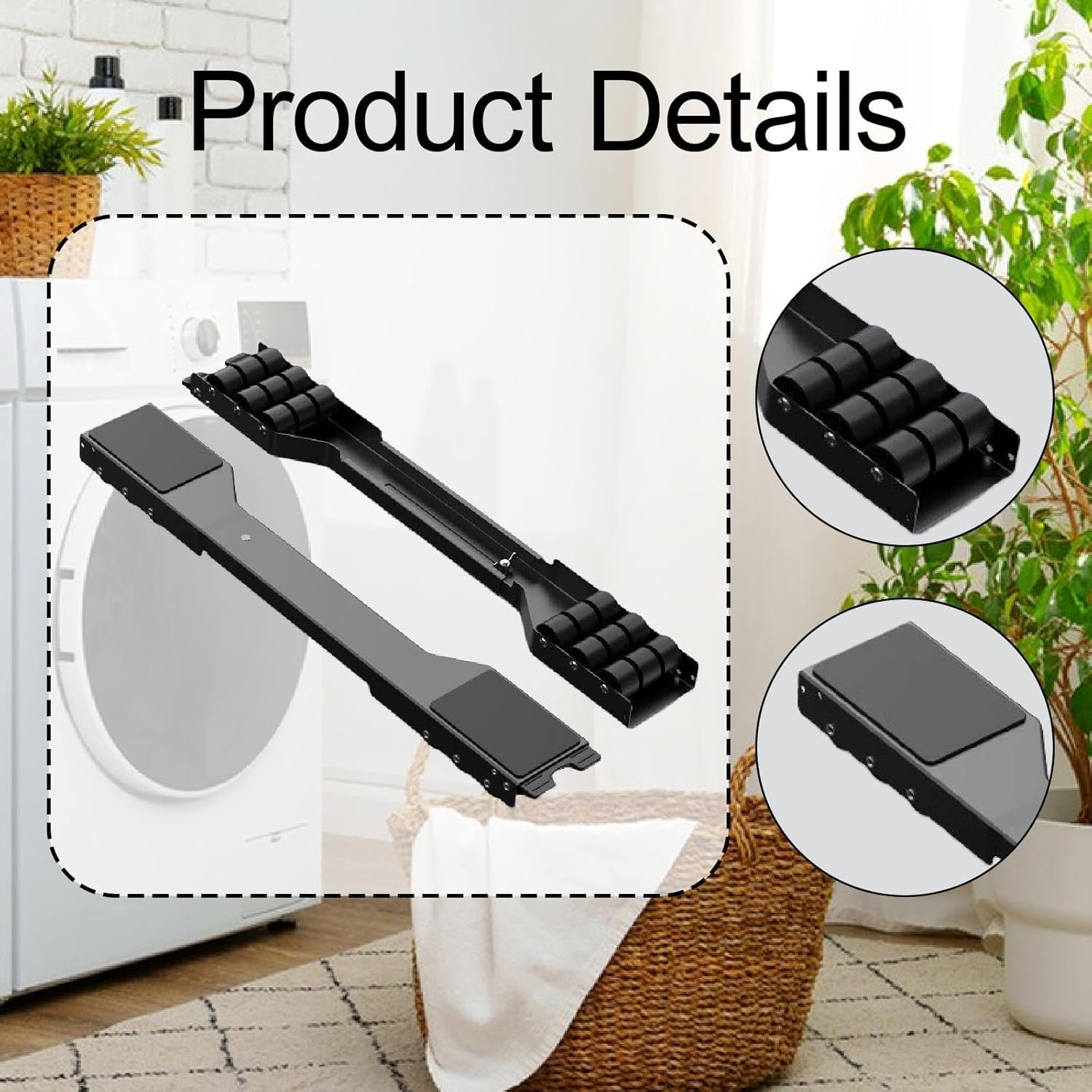 Washing Machine Movers Sliders 4-Pack, Adjustable Appliance Mobile Base with Wheels for Cabinets, Noise Reduction Furniture Sliders for Hardwood, Tile, Vinyl & Carpeted Floors- Black