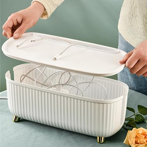Miniatura 3 de Lyellfe Paquete de 2 cajas de organización de cables, caja organizadora de cable blanco con tapa, 13.7 pulgadas de largo x 6 pulgadas de ancho x 5