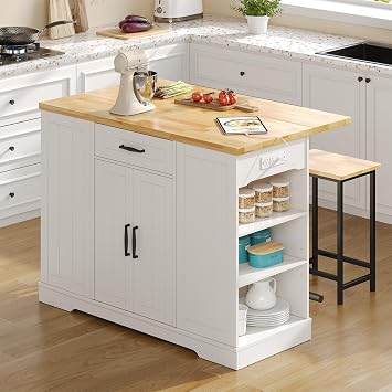 47" Kitchen Island with Seating, Stationary Island Table with Storage Include 2 Chairs, Kitchen Islands with Drop Leaf, Dining Table with Trash Cabinet & Power Outlet & Spice Rack, White