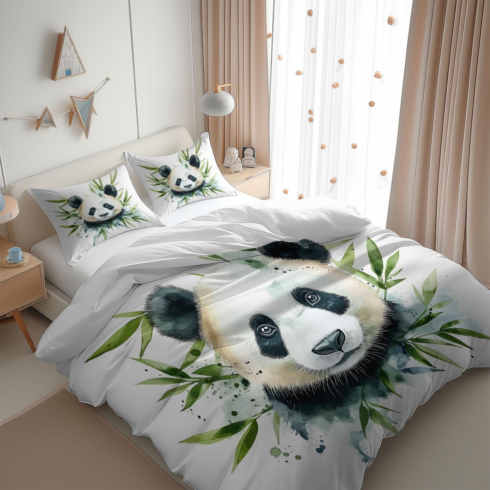 Blanco Juego de Funda Nordica 180x220 cm (Cama 105) Panda Gigante Dibujos Animados Blanco Funda de Edredón Algodón Poliéster Transpirable Suave Moderno Juego de Funda de Edredón y 2 Fundas Almohada