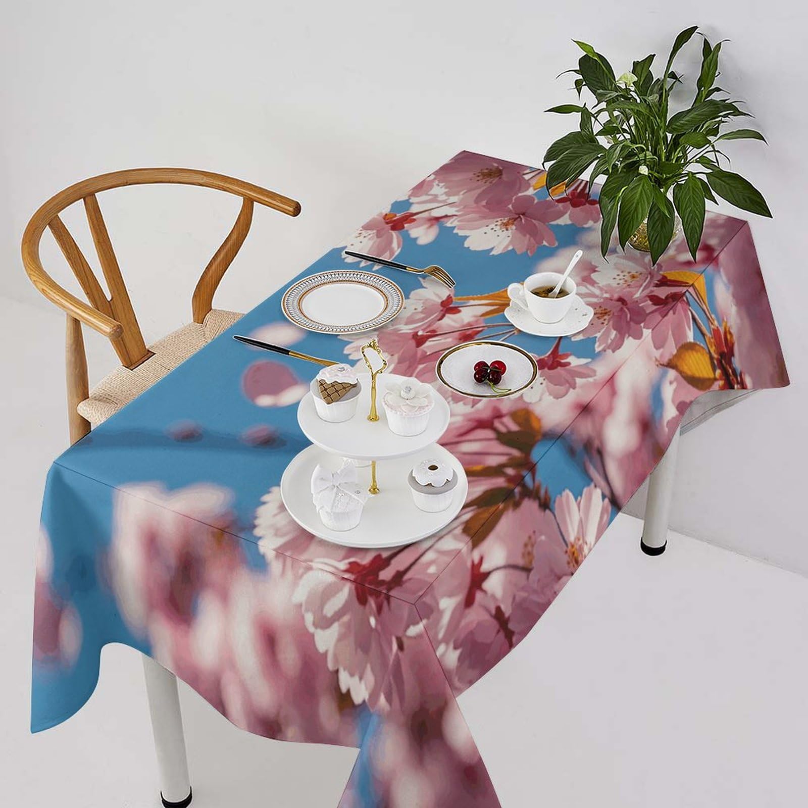 Nappe de table lavable et résistante aux taches motif floral cerisier 140x190