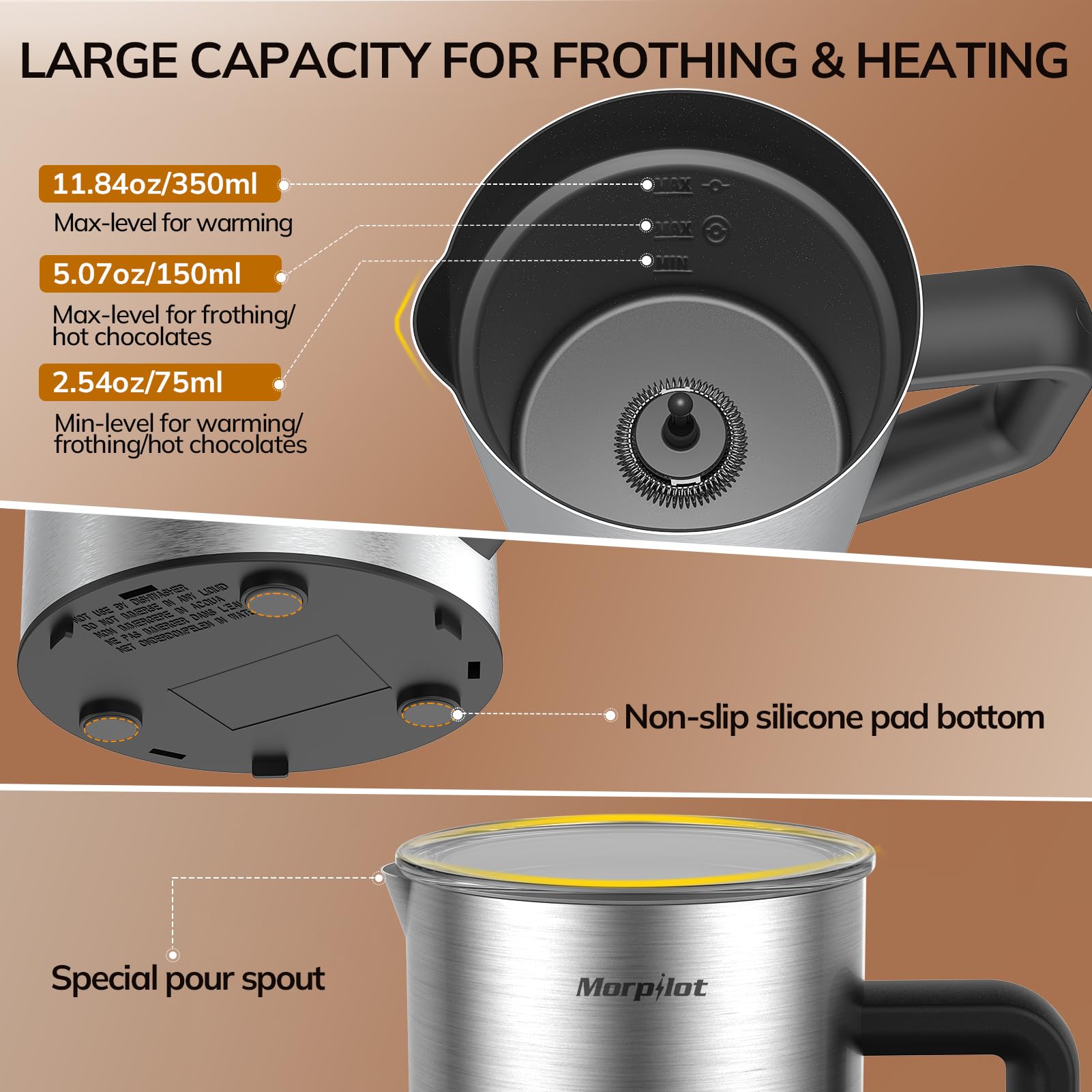 Morpilot Espumador de Leche Eléctrico, Milk Frother 6 en 1 para Leche Caliente y Chocolate, Espuma Caliente y Fría, 350 ml, 550 W, Acero Inoxidable