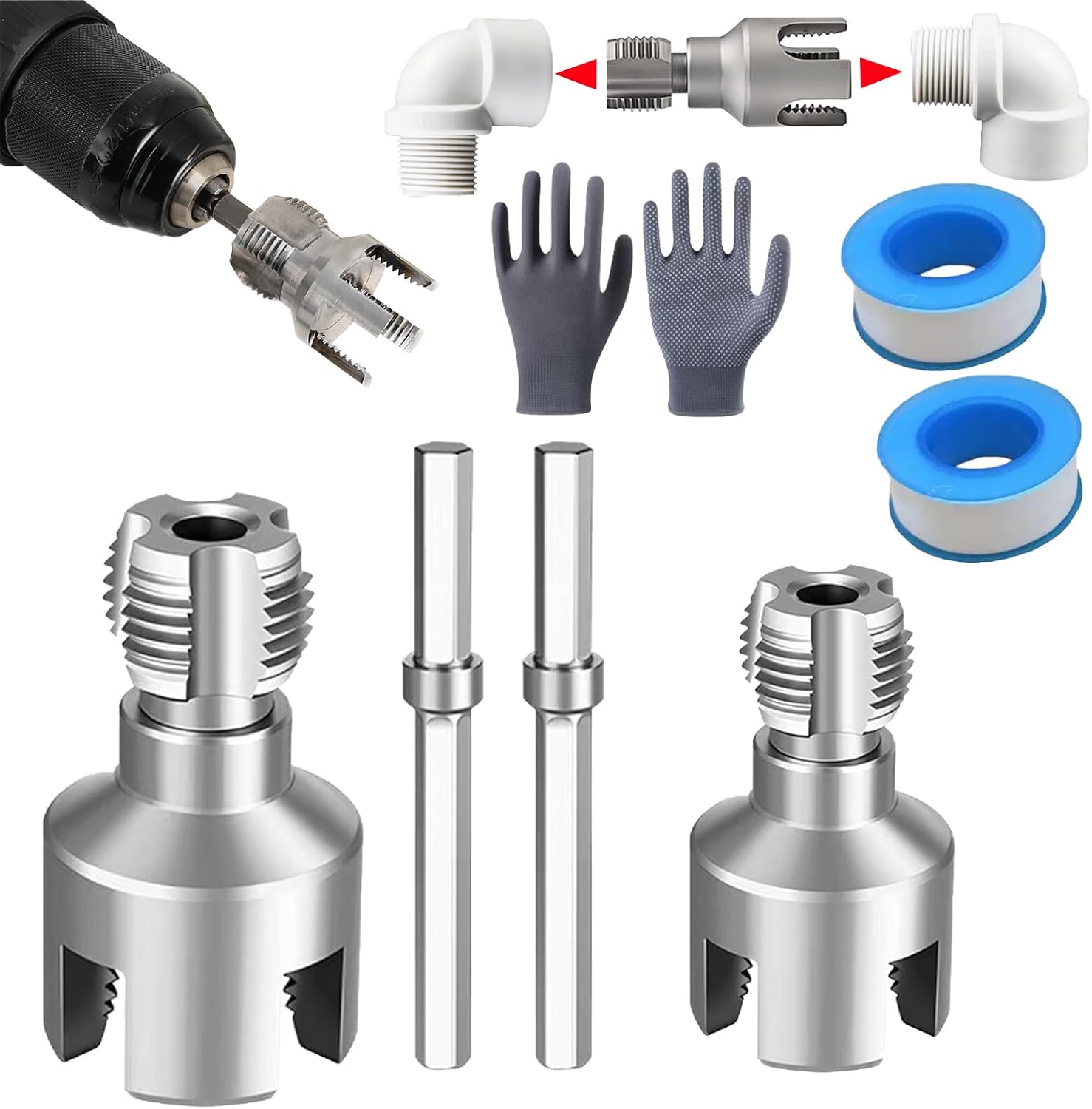 Pipe Threading Kit 1/2" 3/4" Internal & External, PVC Pipe Threader for Electric Drill, Rethreading and Thread Cutting Tool Set