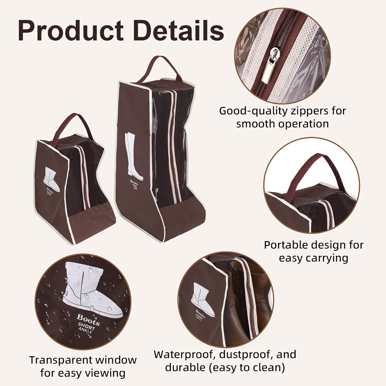 4pcs Boot Storage Bags, Brown Tall & Short Boots Protector Bags with Handles & Transparent Window Dust Proof Waterproof Boot Travel Bag for Travel Home Storage