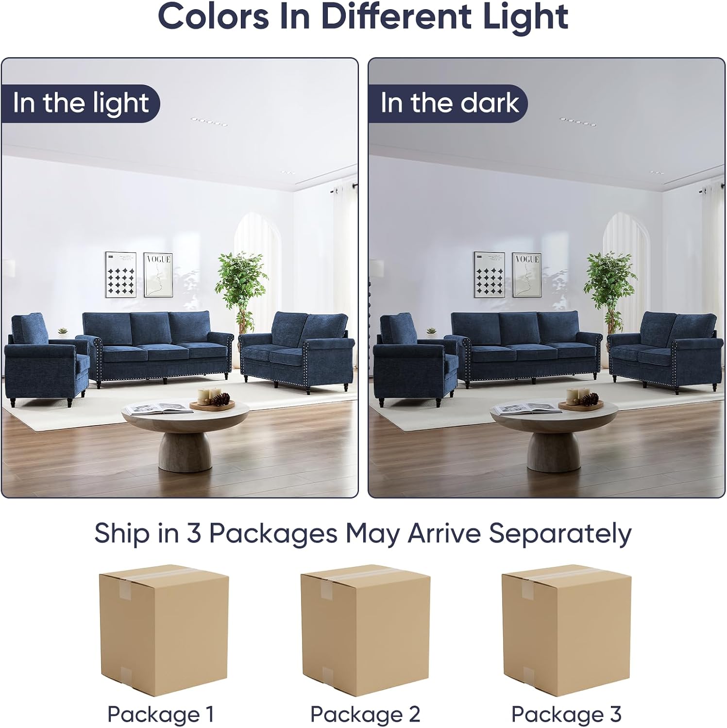 ijuicy 3-Piece Sectional Sofa Set, Modern Chenille Upholstered Couch Set with 6" Thicken Cushion & Nailhead Trim, Living Room Furniture Sets- Armchair Loveseat and 3 Seat Sofa (Navy Blue)