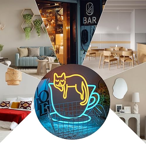 Miniatura 5 de Letrero de Neón de Gato de Café para Decoración de Pared, Luz de Neón de Gato de Café Regulable para Negocios, Letrero LED de Café Alimentado por