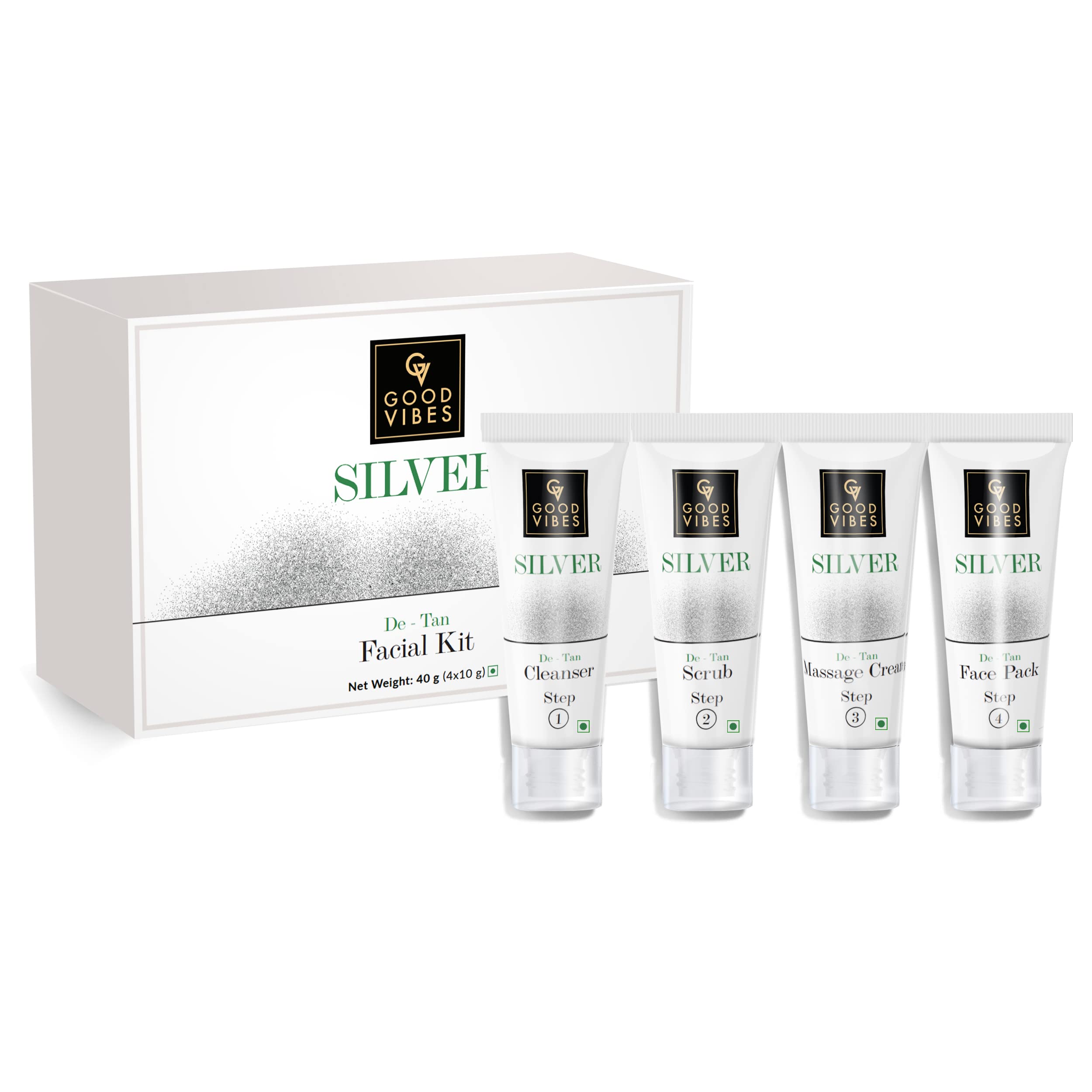 Silver De-Tan Facial Kit - 4 Step Skin Care Includes Cleanser, Scrub, Cream and Pack - 10 g each - Cruelty Free