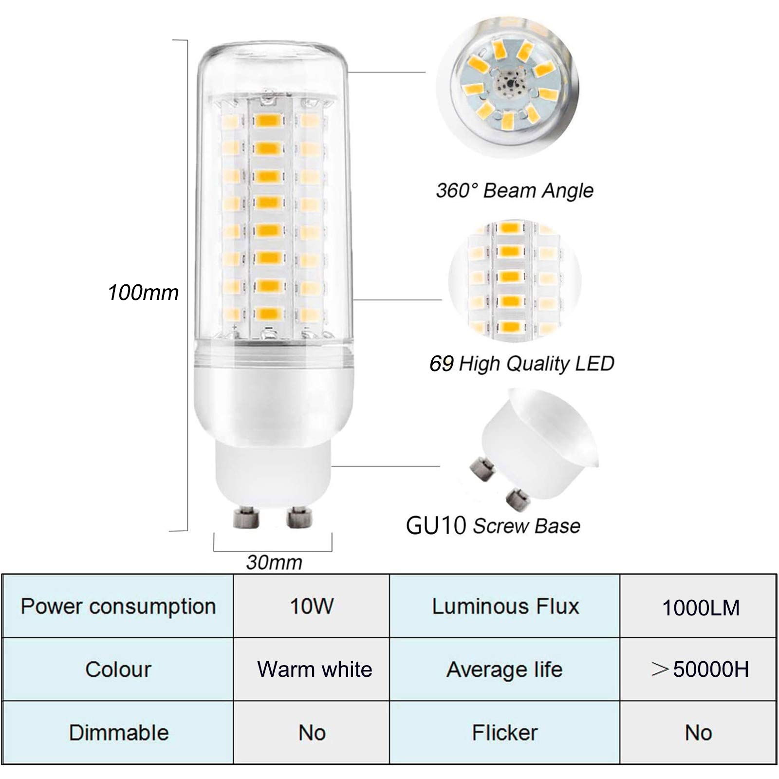 8 bombillas LED GU10, bombilla LED maíz cálido 3000 K 10 W, 1000 lm, ángulo 360 grados, bombillas LED maíz GU10 no regulables iluminación del hogar