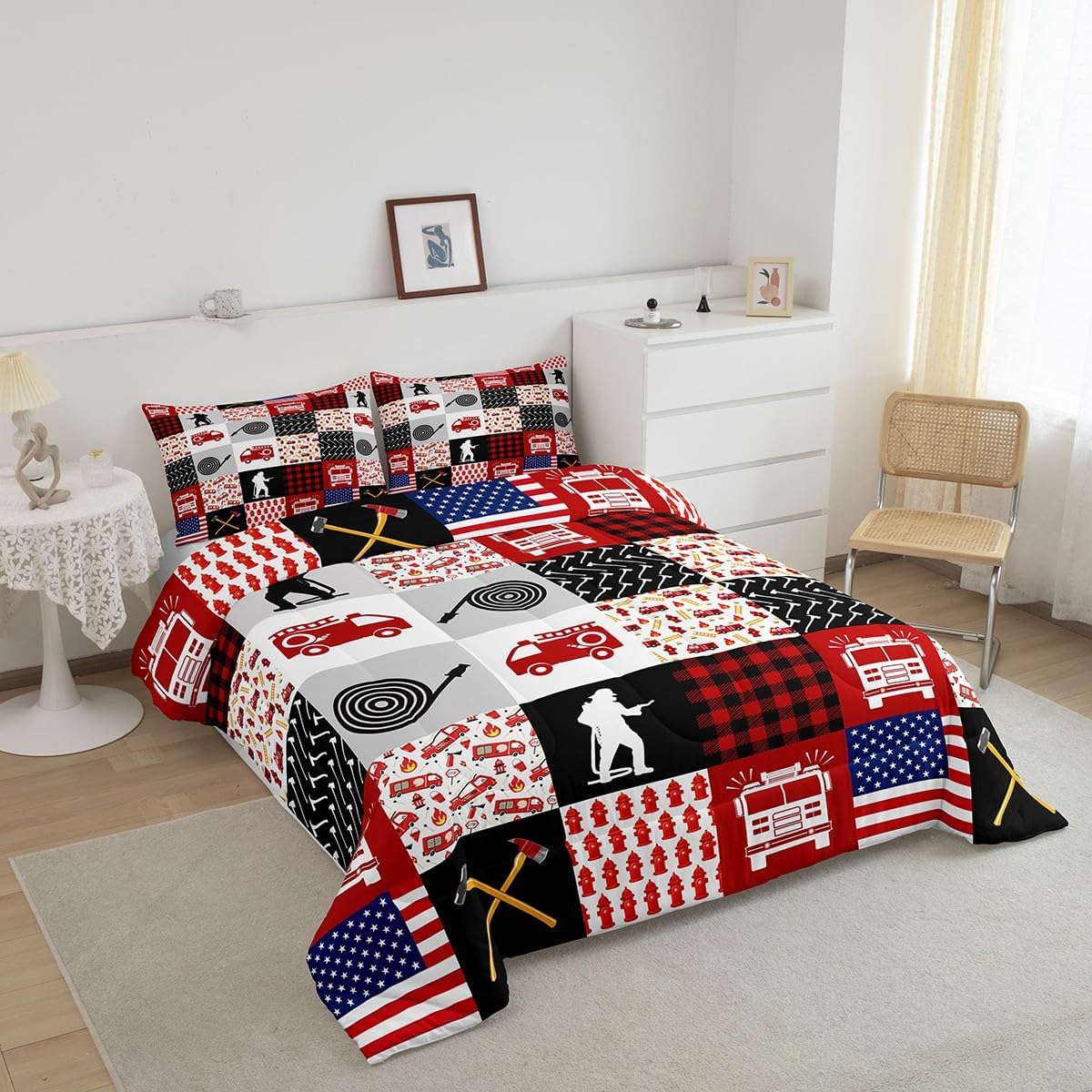Feelyou Firefighter Comforter Twin Size with 1 Pillow Case Fire Truck Comforter Set Equipment Trucks Bedding Set Red Patchwork Quilted Duvet Set for Boys Girls Kids Adults