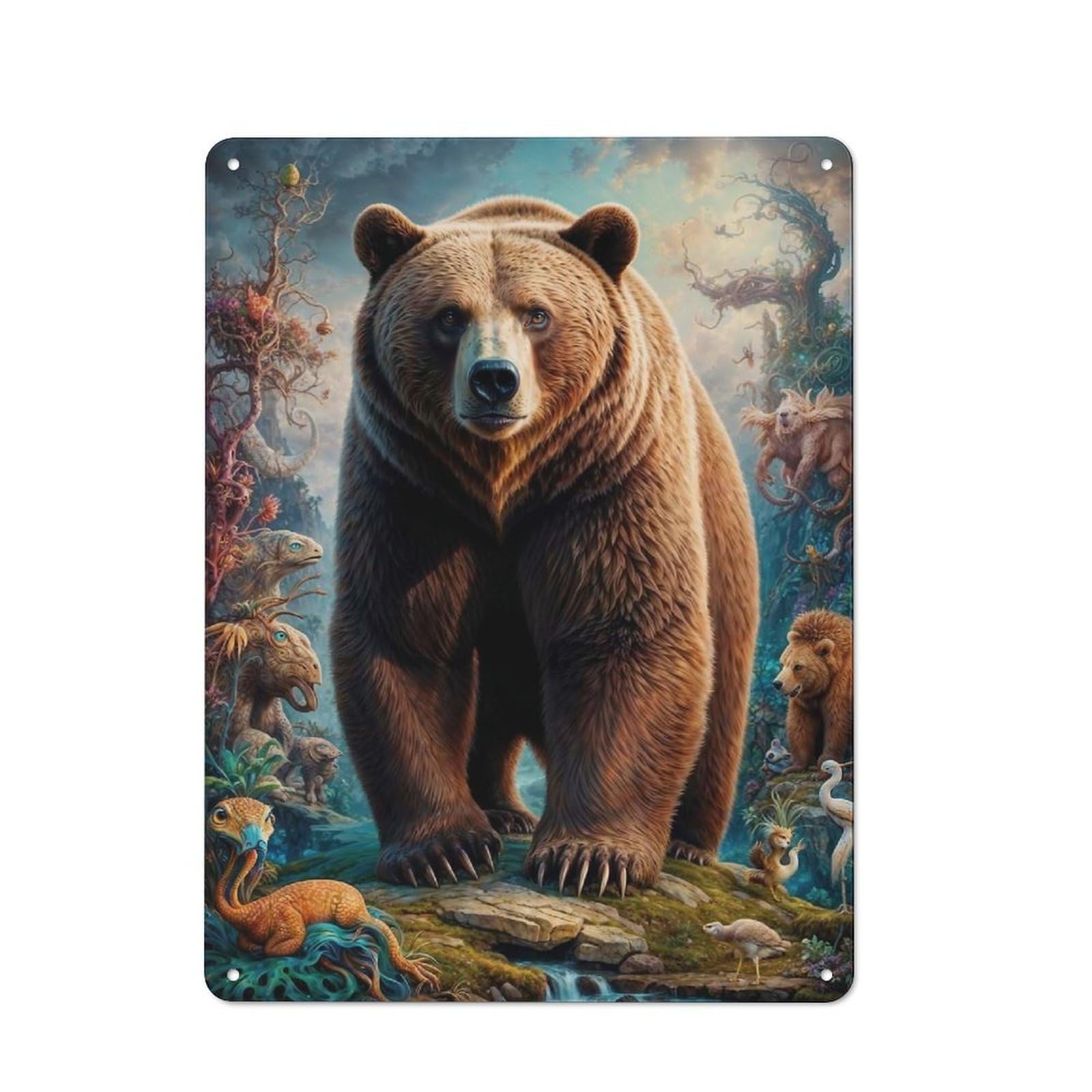 Junmoney Surreal Grizzly Bear Printed Metal Sign 40X30cm For Hobby Room Or Studio, For Creative Interior Collectors