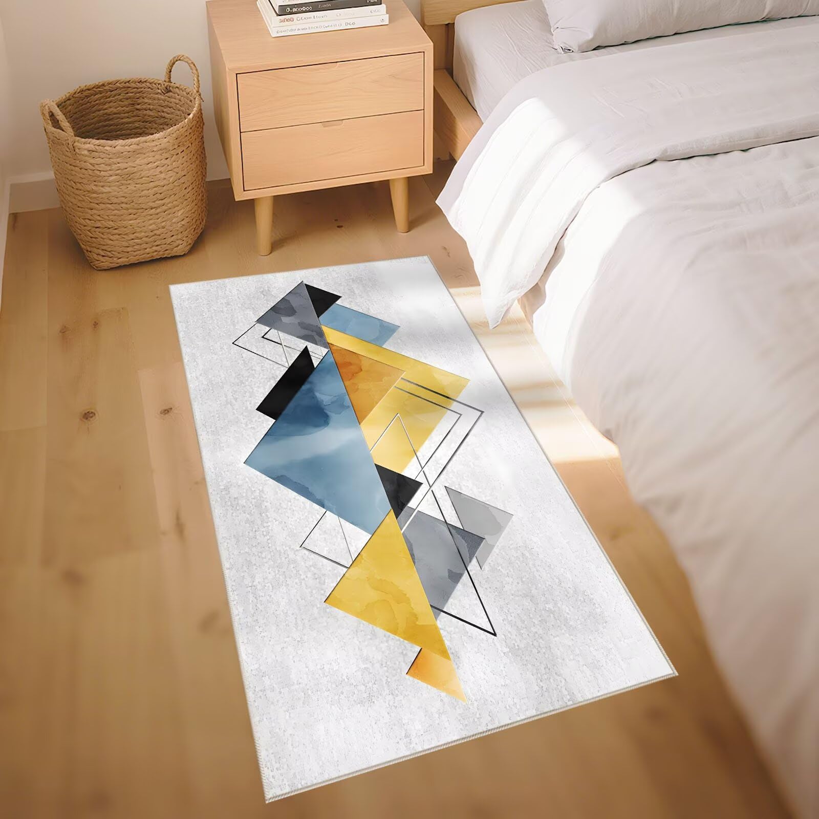 Waschbar Bettvorleger Schlafzimmer Teppich Grau 140x200cm, Grüner Blaue gelbe Moderne geometrische Muster für Wohnzimmer Büro