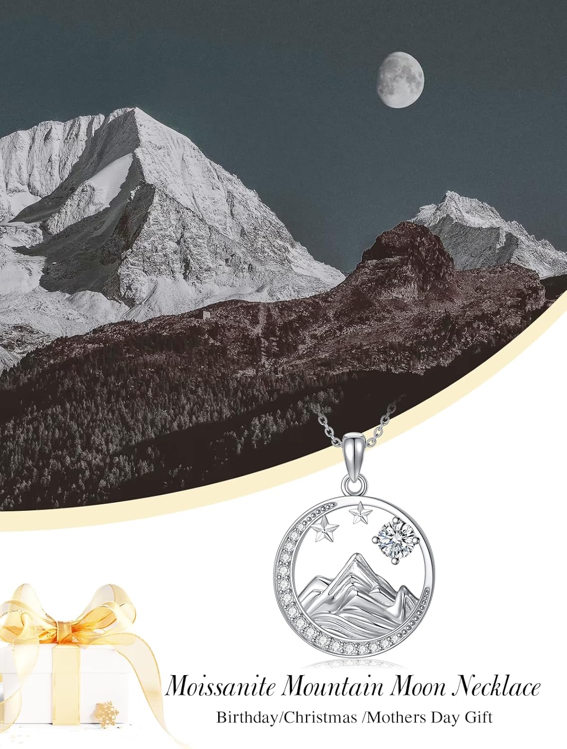 1CT Moissanite Moon Star Necklace for Women, 14K Gold Plated 925 Sterling Silver Moon Pendant Necklace Mountain Jewelry Birthday Christmas Gift for Her Girlfriend Wife, 18+2" - Image 2