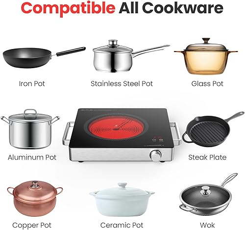 Miniatura 4 de Quemador eléctrico de placa caliente de 1800 W, quemador portátil para cocinar con temperatura ajustable y asas que se mantienen frescas, acero