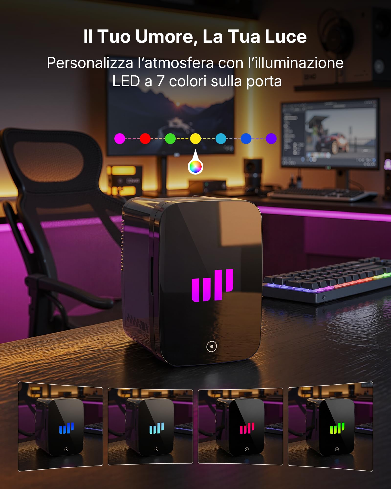 Upstreman Mini Frigo da Camera, 4 Litri/6 Lattine, 7 Colori Luminosi LED, Mini Frigo Termoelettrico, 12V/220V, Mini Frigoriferi per Dormitorio, Ufficio, Sala Giochi, Auto, TR4-Up
