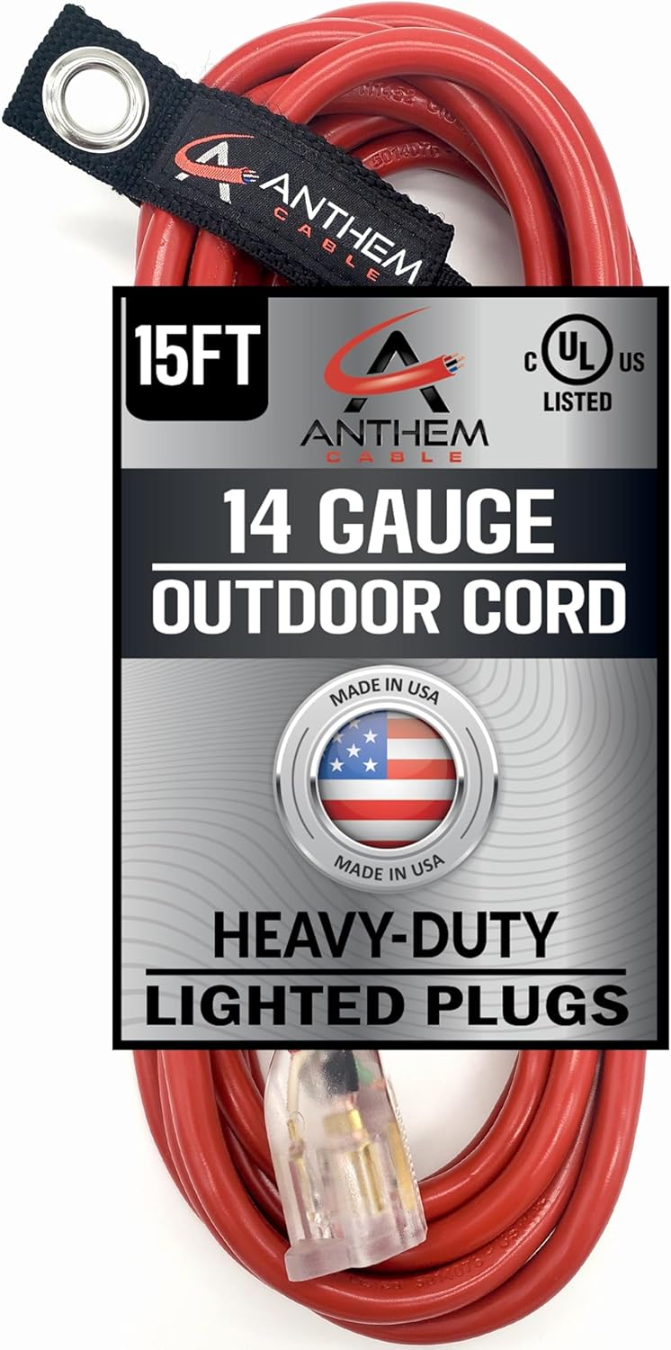 15 ft - 14 Gauge Extension Cord Outdoor - Made in USA - Lighted on Both Ends - Red Outdoor Extension_Cord Waterproof by Anthem Cable - Heavy Duty ExtensionCord 15 ft 15 Amp Extension