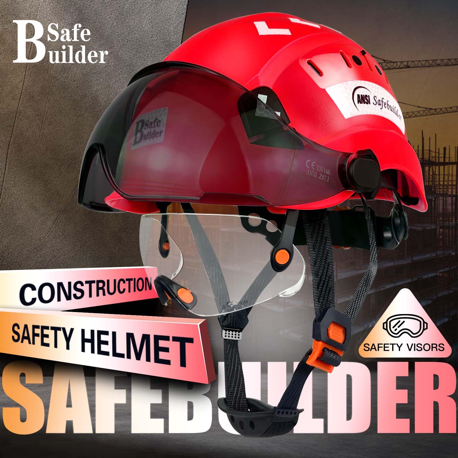 SAFEBUILDER Bau-Sicherheitshelm mit integriertem Visier, ABS-Schutzhelm mit Visier, verstellbare Belüftung, Hardhats Arbeitskopfschutz, ANSI/ISEA Z89.1