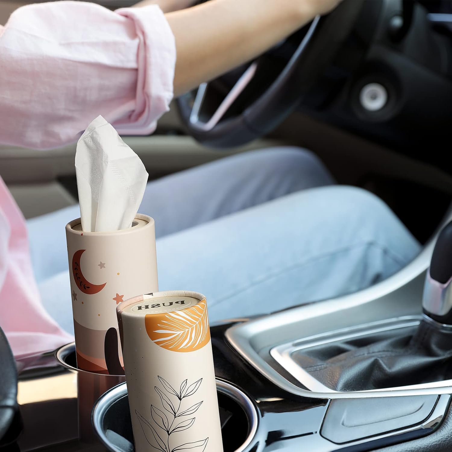 Tatuo 4 Pack Car Tissues Cylinder Holder with 3 Ply Facial Bulk Boho Round Tissue Holder Travel Tissues Boxes Container for Car Cup Wedding Gifts Home Bathroom Office (Warm)