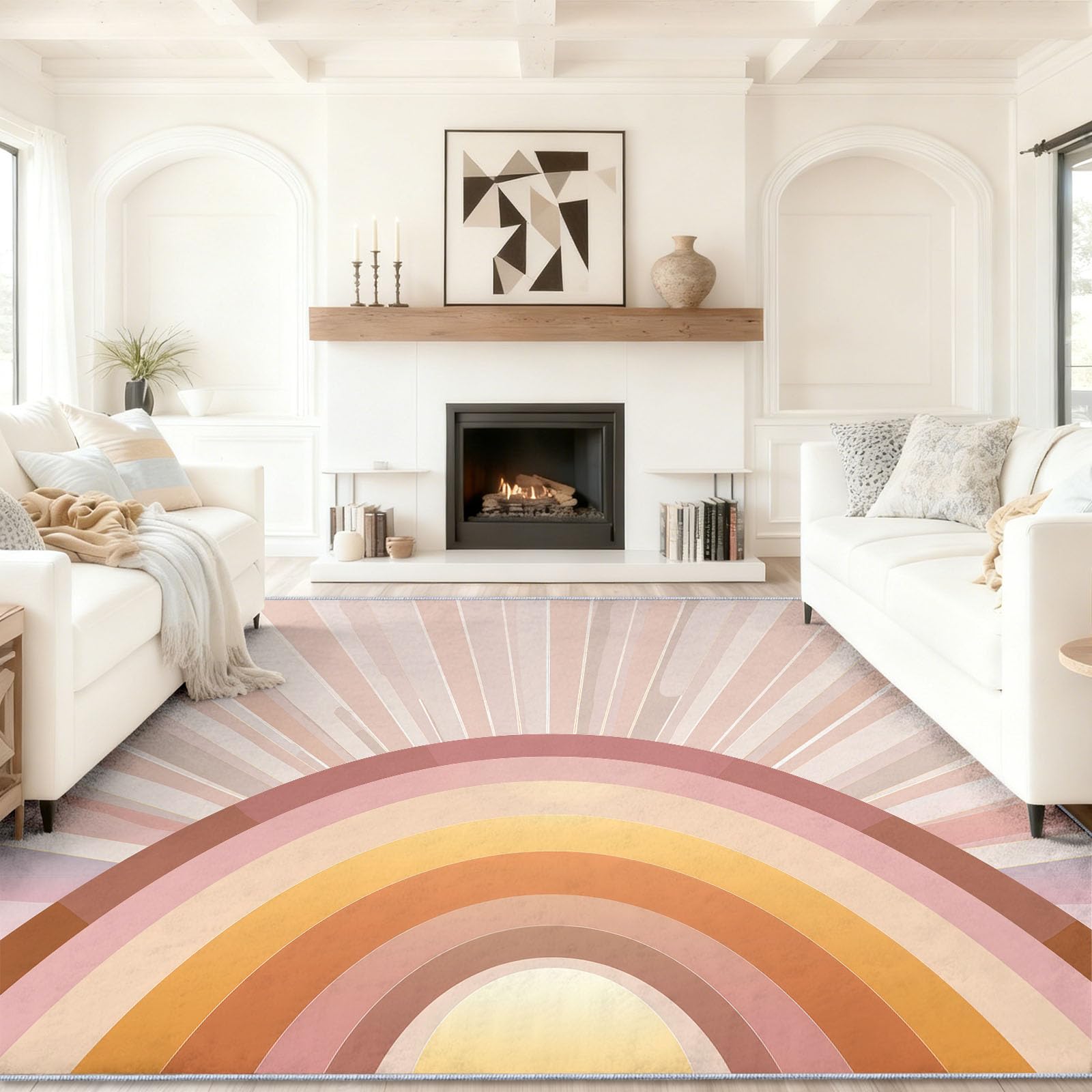 Facile d'entretien Tapis Salon Rétro Géométrique Lavable Machine, Coloré Soleil Arc en Ciel Dégradé Doux Poils Courts Tapis pour Chambre Salle à Manger, 160 x 230 cm
