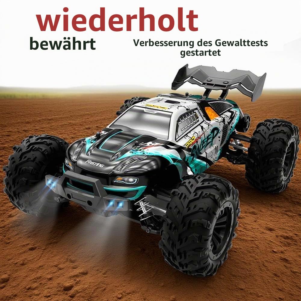 70 km/h Brushless Ferngesteuertes Auto Erwachsene, 1:16 4WD RC Truck mit Licht, Hoher Geschwindigkeit, Off-Road Wasserdicht Truck, 3×Wiederaufladbarer Akku(Blau)