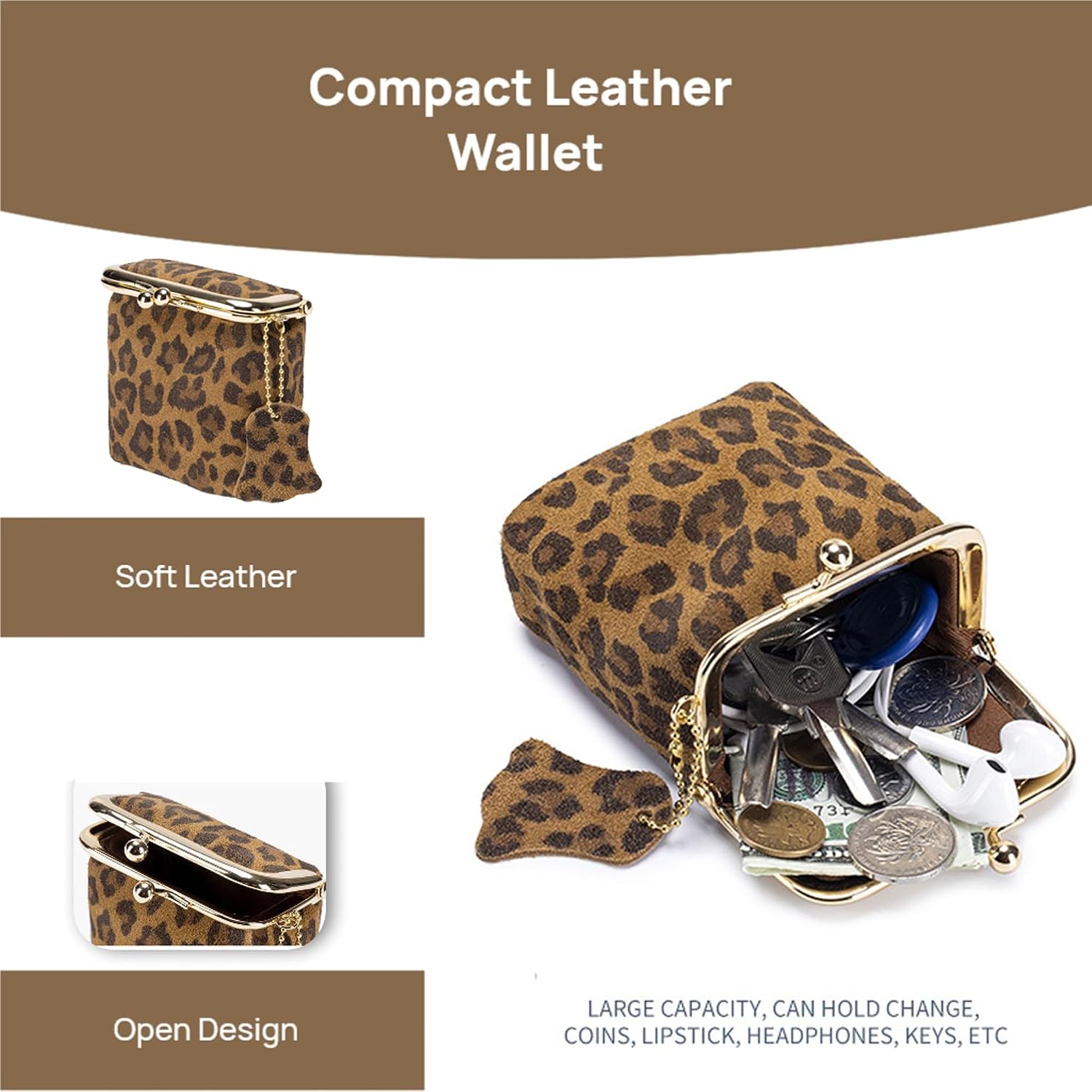 Leopard Print Small Coin Purse for Women Cute Minimalist Credit Card Holder With Zipper Leather Compact Wallet for Cash Key Lipstick Jewelry (Coffee)