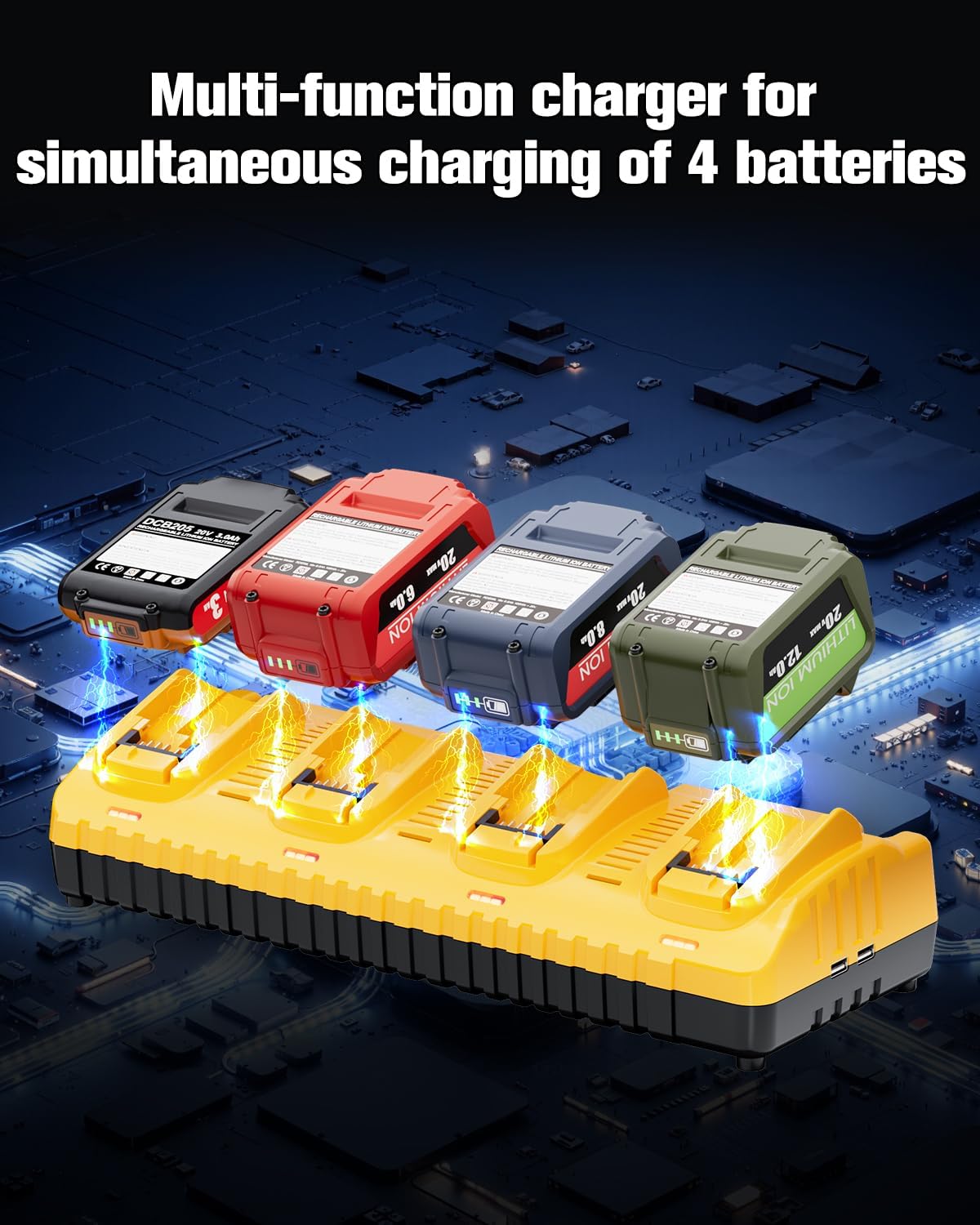 DCB104 Replacement for Dewalt Battery Charger Station,4 Port Multi Battery Charger with 2 USB Ports, Compatible with Dewalt All 12V 20V Max Lithium Battery (Yellow) - Image 6