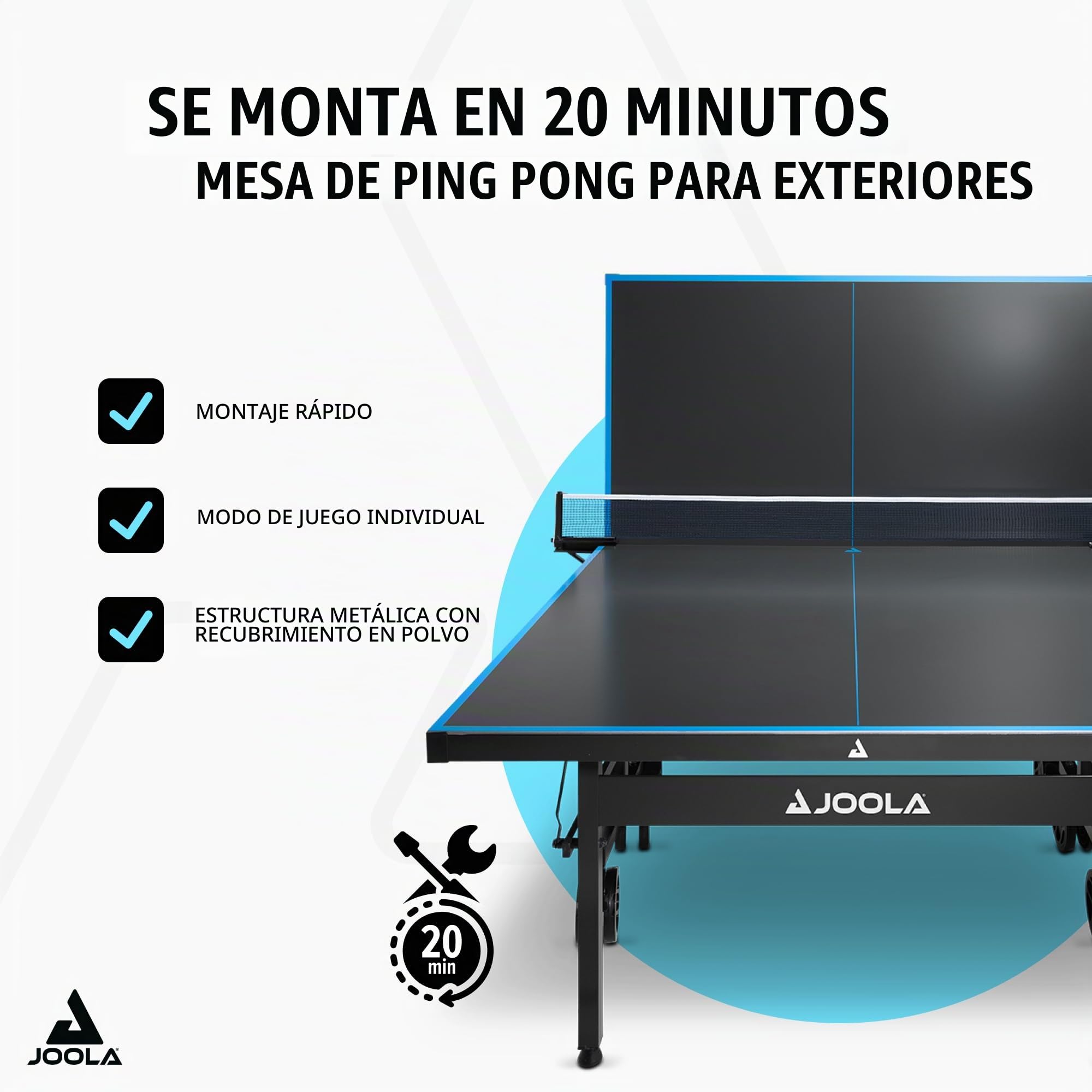 JOOLA Mesa de Ping Pong de Aluminio para Exteriores, Resistente a la Intemperie, con Cubierta de Mesa, Estructura Plegable, Montaje rápido, Incluye Red Gris/Azul, 274 x 152,5 x 76 cm