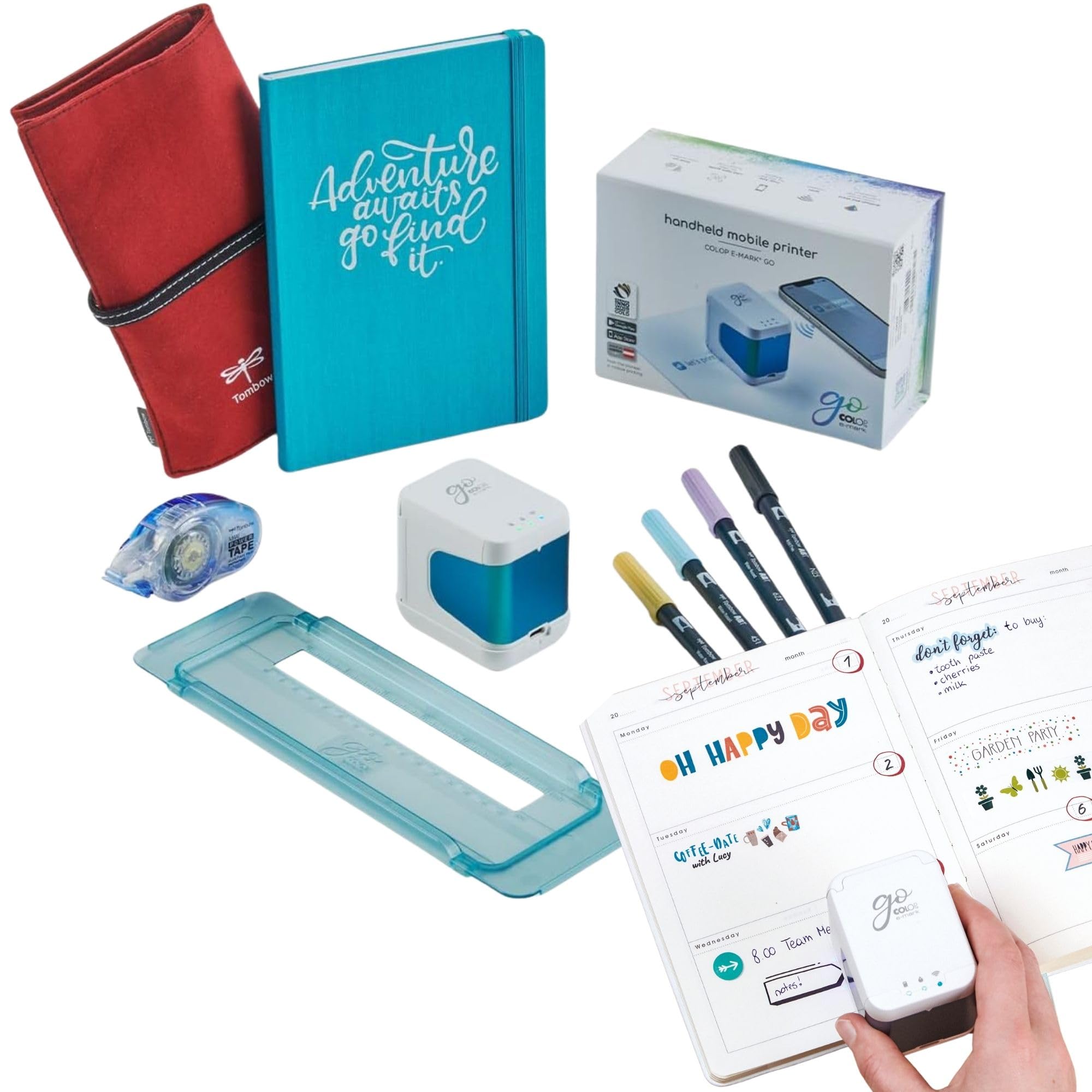 COLOP e-Mark go Bullet Journal Set | Mobiler Mini-Drucker inkl. Zubehör | 4 Tombow ABT Dual Brush Pens, Travel Journal, Lineal, Kleberoller & Rollcase | Kreatives Planner & DIY Kit