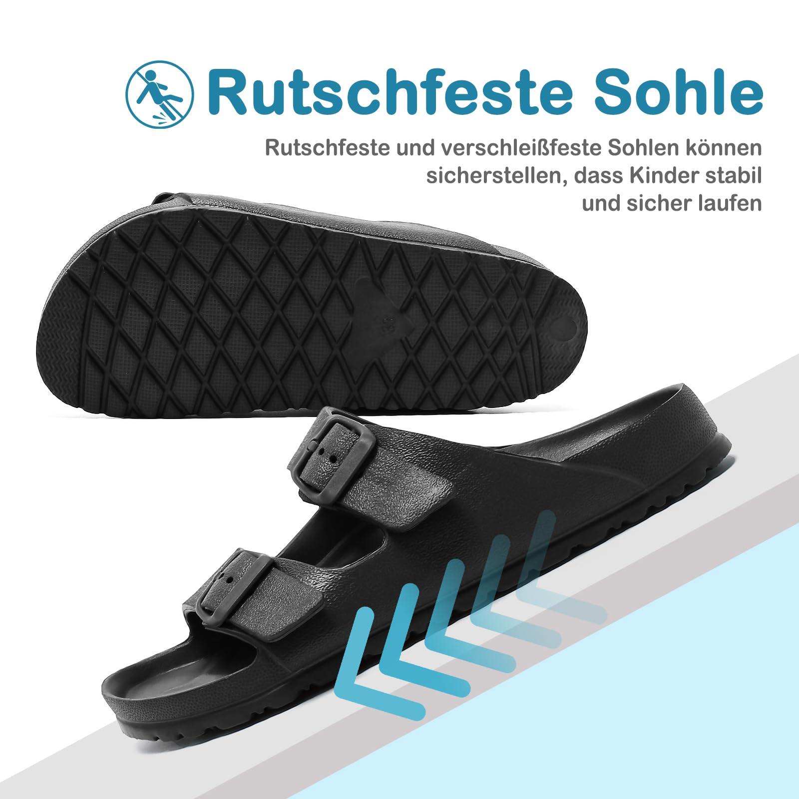 Kinder Pantoletten Sandalen EVA, Bequeme Weiche Schlappen für Jungen Mädchen, Sommer Clogs Mules Slides mit Einstellbarer Schnalle, Rutschfeste Flache Hausschuhe, Cozy Badelatschen