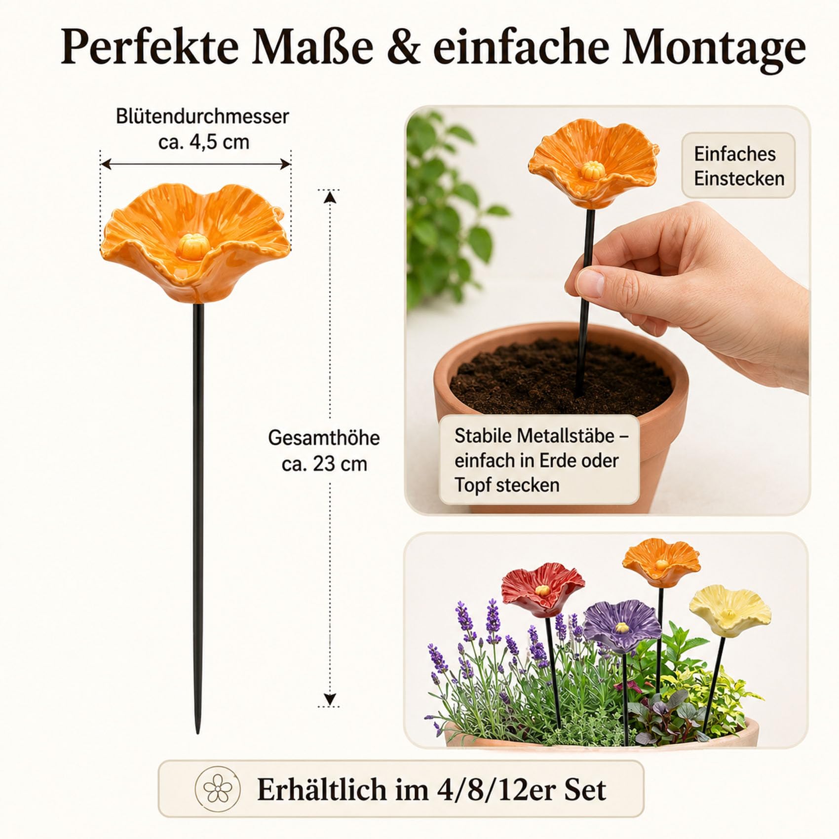 Bienentränke Keramik Blume 4/8/12 Stück, Bienenblüten Keramik als Insektentränke mit Stab, 27 cm Gartenstecker wetterfest für Garten, Balkon, Blumentopf & Deko (4 Blüten)
