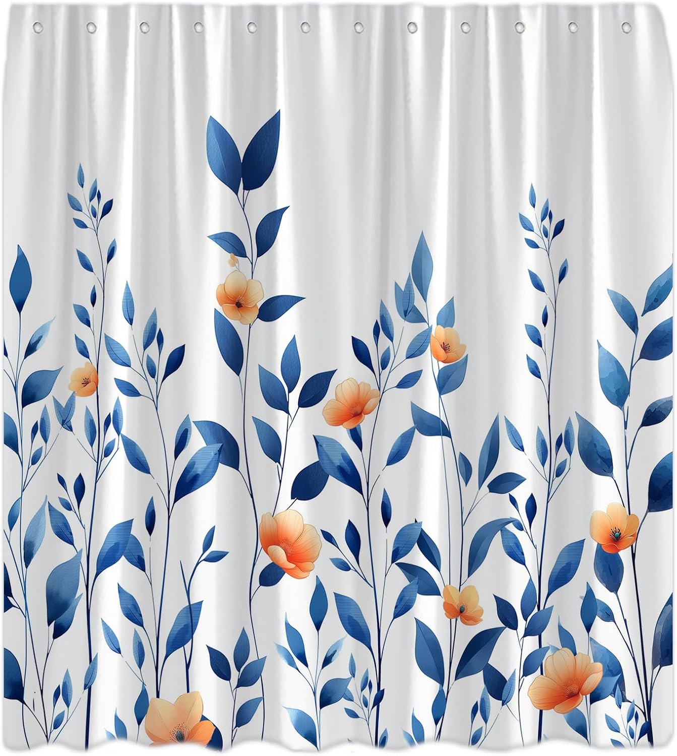 Blue Orange Flower Leaf Shower Curtain Spring Watercolor Leaves Floral Eucalyptus Art Nature Rustic Plant Botanical Fabric Bathroom Curtain with Hook