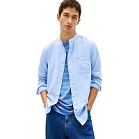 Tommy Jeans Uomo Camicia Linen con Colletto alla Coreana, Blu (Blue Twilight)