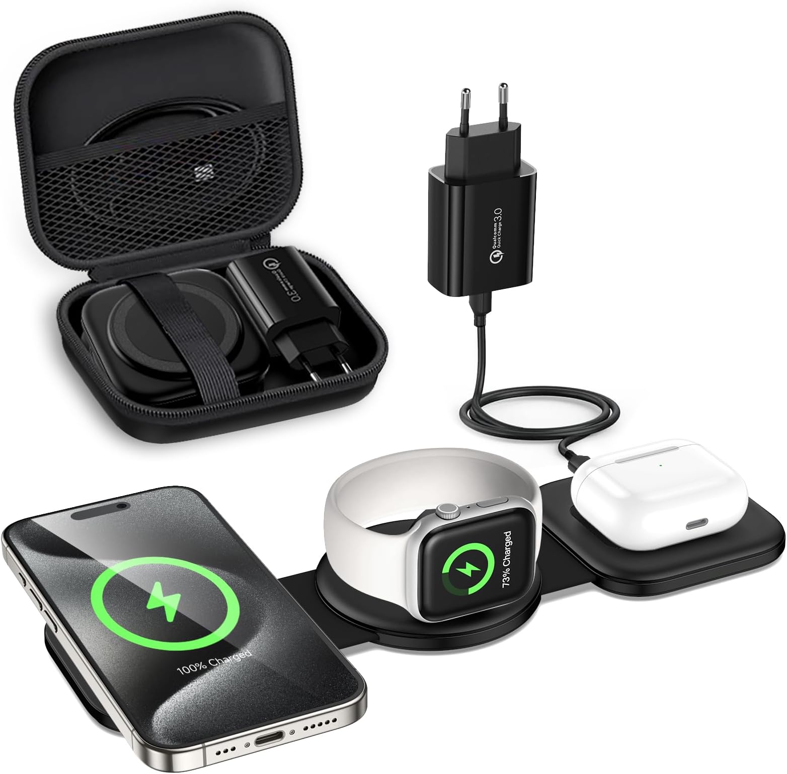 Caricatore Wireless 3 In 1 Con Luce Notturna – Stazione Pieghevole Magnetica Per Telefono, Orologio E Auricolari (nero)