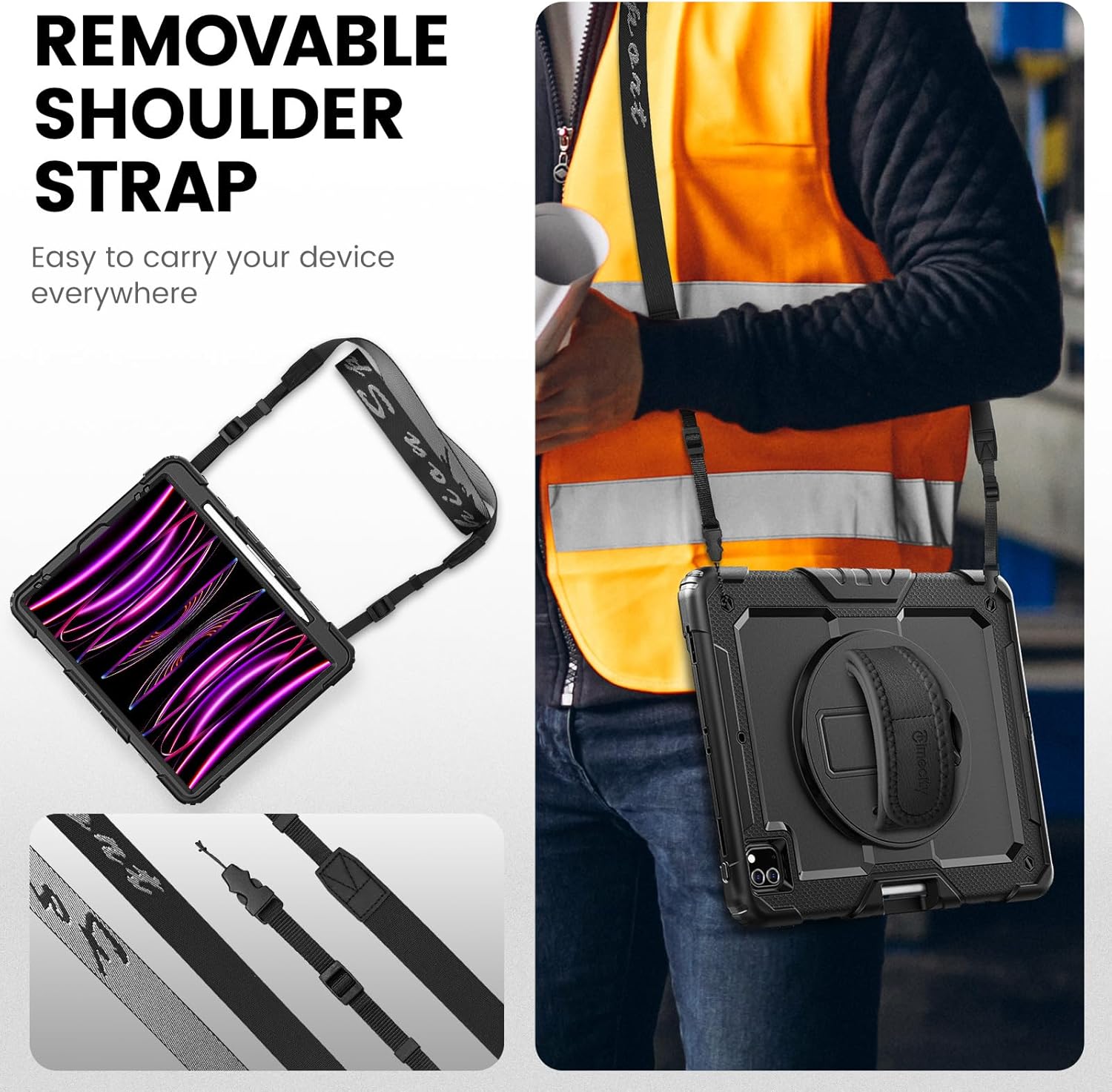 Timecity Protective Case for iPad Pro 12.9 inch 6th/ 5th/ 4th/ 3rd Generation, with Strong Protection, Screen Protector, Hand/Shoulder Strap, Rotating Stand, Pencil Holder - Black - Image 5