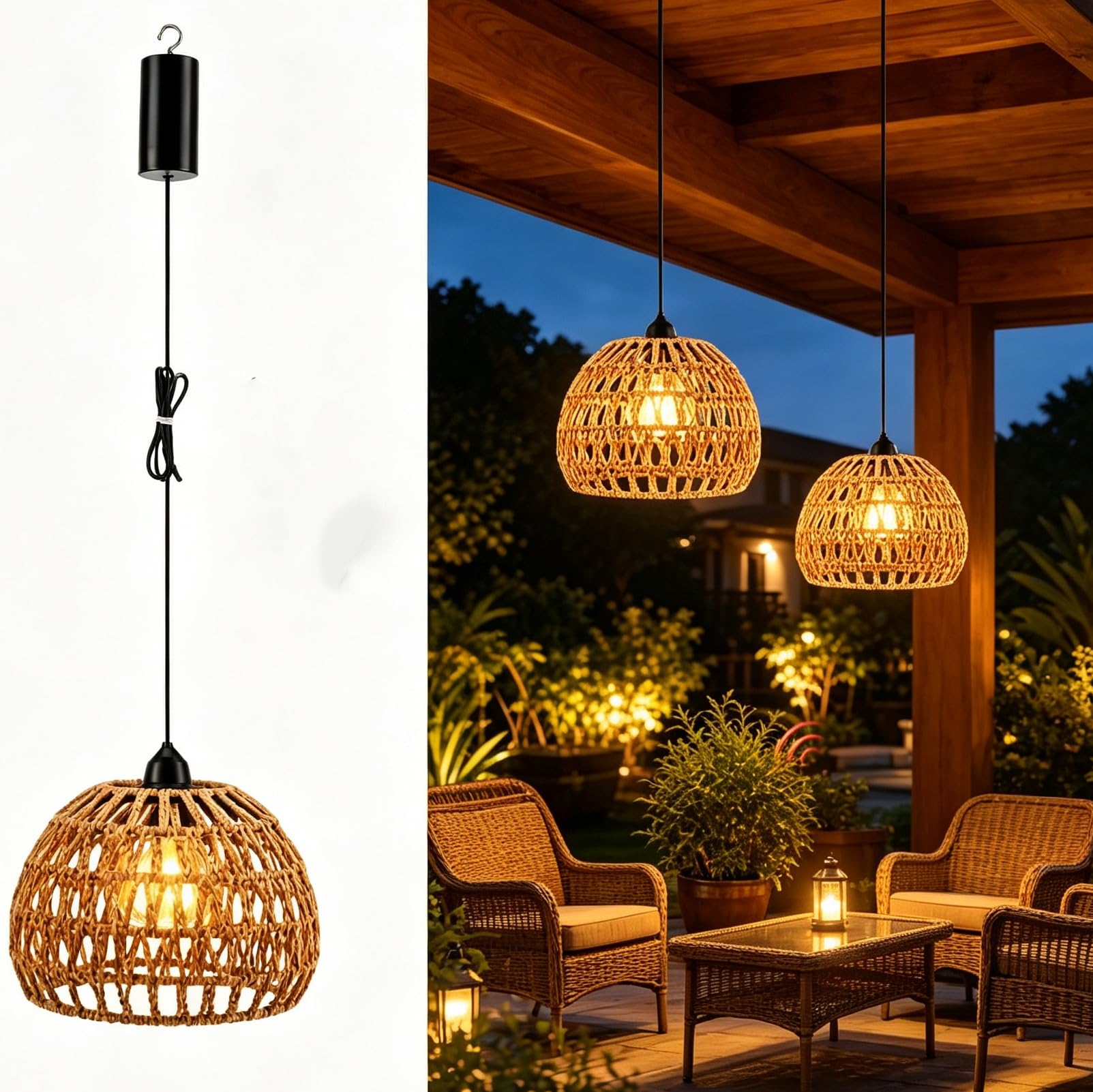 2er Set Rattan Hängelampe | Batteriebetriebene, Hängelampe Outdoor, Boho Pendelleuchte mit Rattan Lampenschirm, IP44 Wasserdicht, E27 Fassung, 100cm Aufhängung, Innen Außen [Energieklasse A]