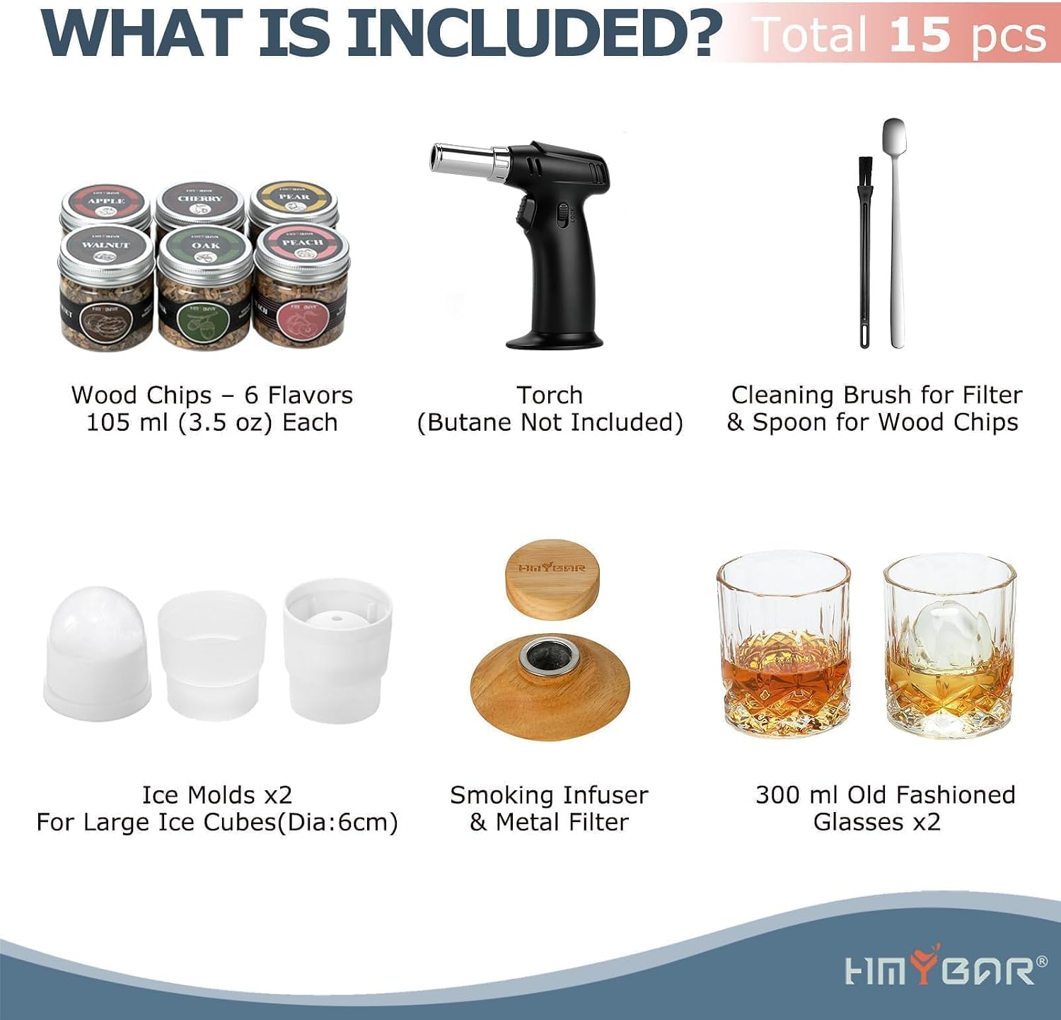 HMYBAR® Whiskey Smoker Kit with Torch, 15-Piece Cocktail Smoker Kit with 6 Wood Chip Flavors, Old Fashioned Drink Smoker Kit, Bourbon Whiskey Gifts for Men, Dad, Husband (No Butane) image 2