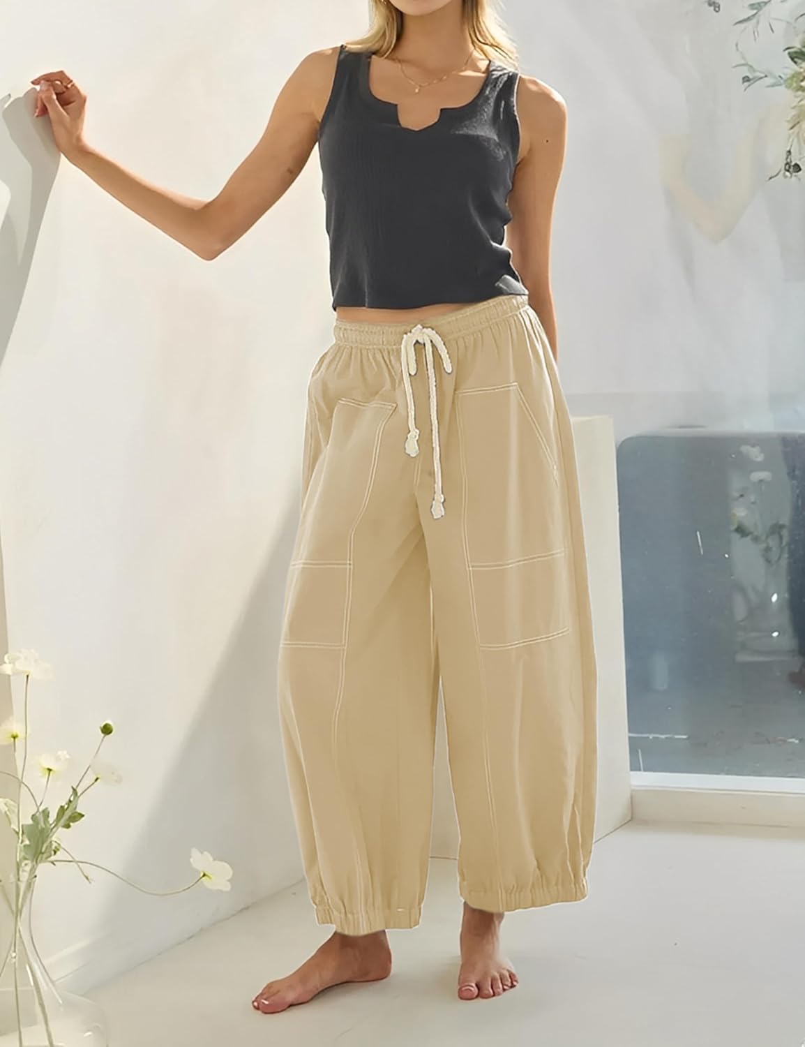 Himosyber Womens Baggy Wide Leg Pants Casual Loose Elastic Drawstring Waist Harem Pants with Pockets - Image 7