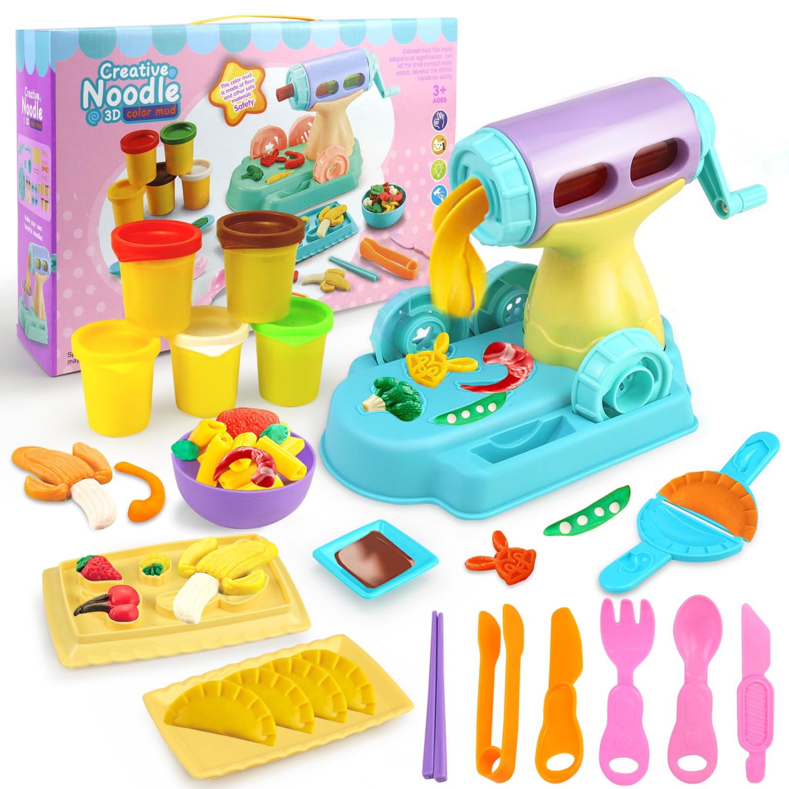 Dear Deer Play Dough Kitchen Creations Noodle Maker Play Dough Set Handmade DIY Creative Noodle Machine Toy Kit with Dough and Molds for Kids 23 Pieces