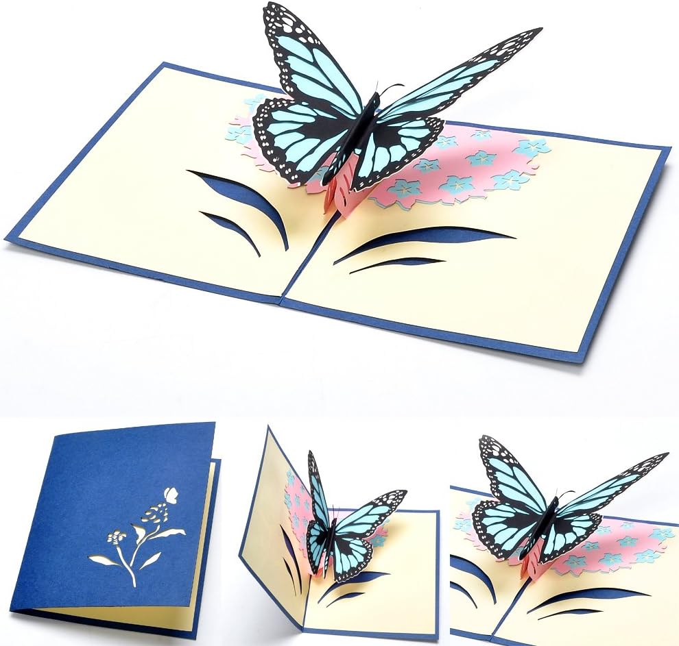 SanSeng Butterfly Pop up Card,3D Card, Birthday Card,Graduation,Anniversary, Engagement (Blue)