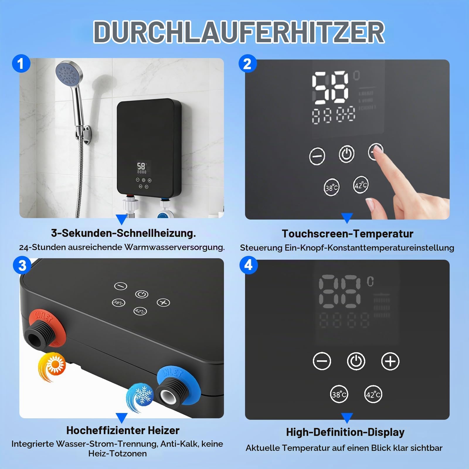 Elektrischer Durchlauferhitzer 5500W Elektrischer Warmwasserbereiter, Mini Durchlauferhitzer Dusche Kit mit Handbrause LED Temperaturanzeige für Dusche, Badezimmer, Küche