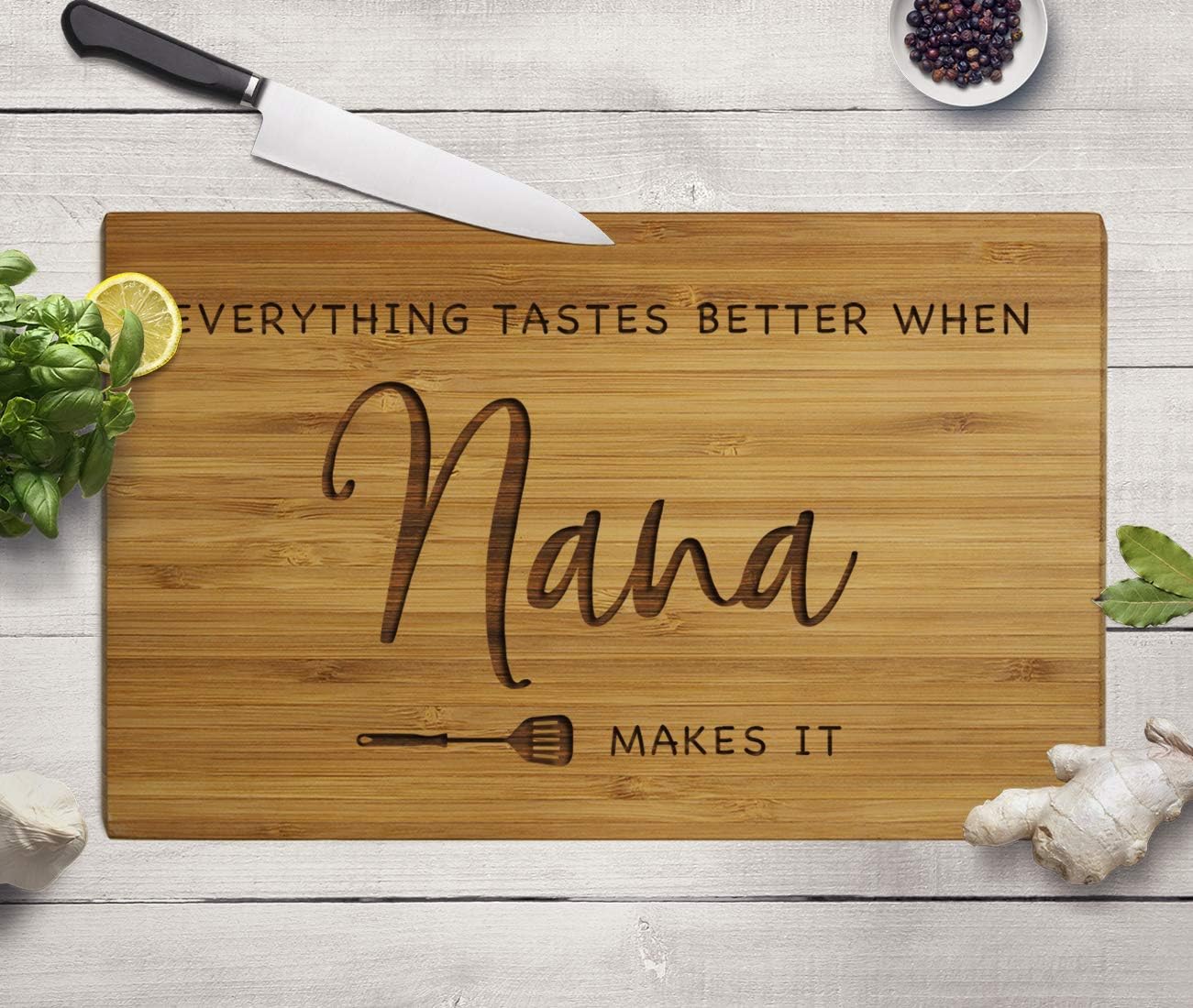 Andaz Press Large Bamboo Wood BBQ Cutting Board Gift, 17.75 x 11-inch, Everything Tastes Better When Nana Makes It, 1-Pack, Engraved Serving Chopping Board Christmas Birthday Chef Kitchen Ideas