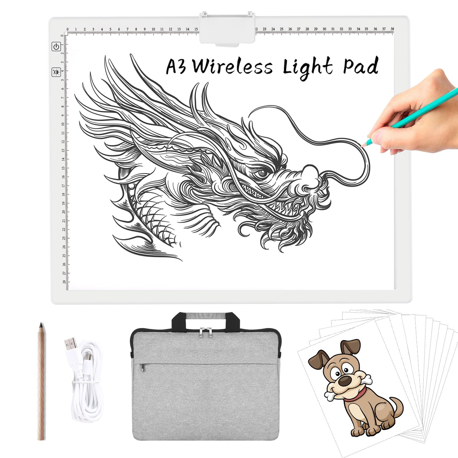 TOHETO A3 Rechargeable Led Bright Light Pad with Carry Bag, 6-Level and Stepless 3 Colors Dimming Brightness Light Box with Built-in Stand, Magnetic Clip for Diamond Painting, Weeding Vinyl (White)