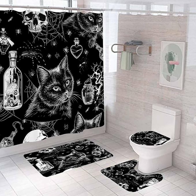 4PCS Gothic Skull Black Cat Shower Curtain Sets With Rugs, Waterproof Fabric Black and White Shower Curtain, Halloween Spider Web Spooky Skeleton Potion Bottle Mysterious Witchy Bathroom Decor