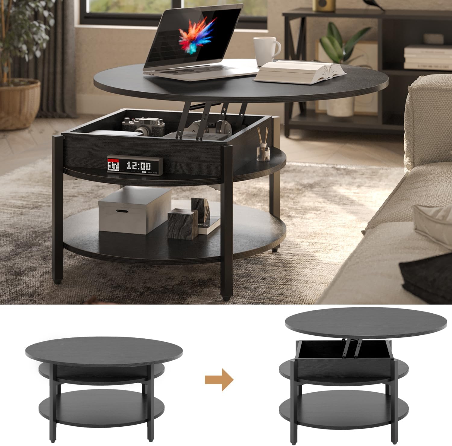 Comparison image showing the coffee table with the top closed and with the top lifted to reveal storage.