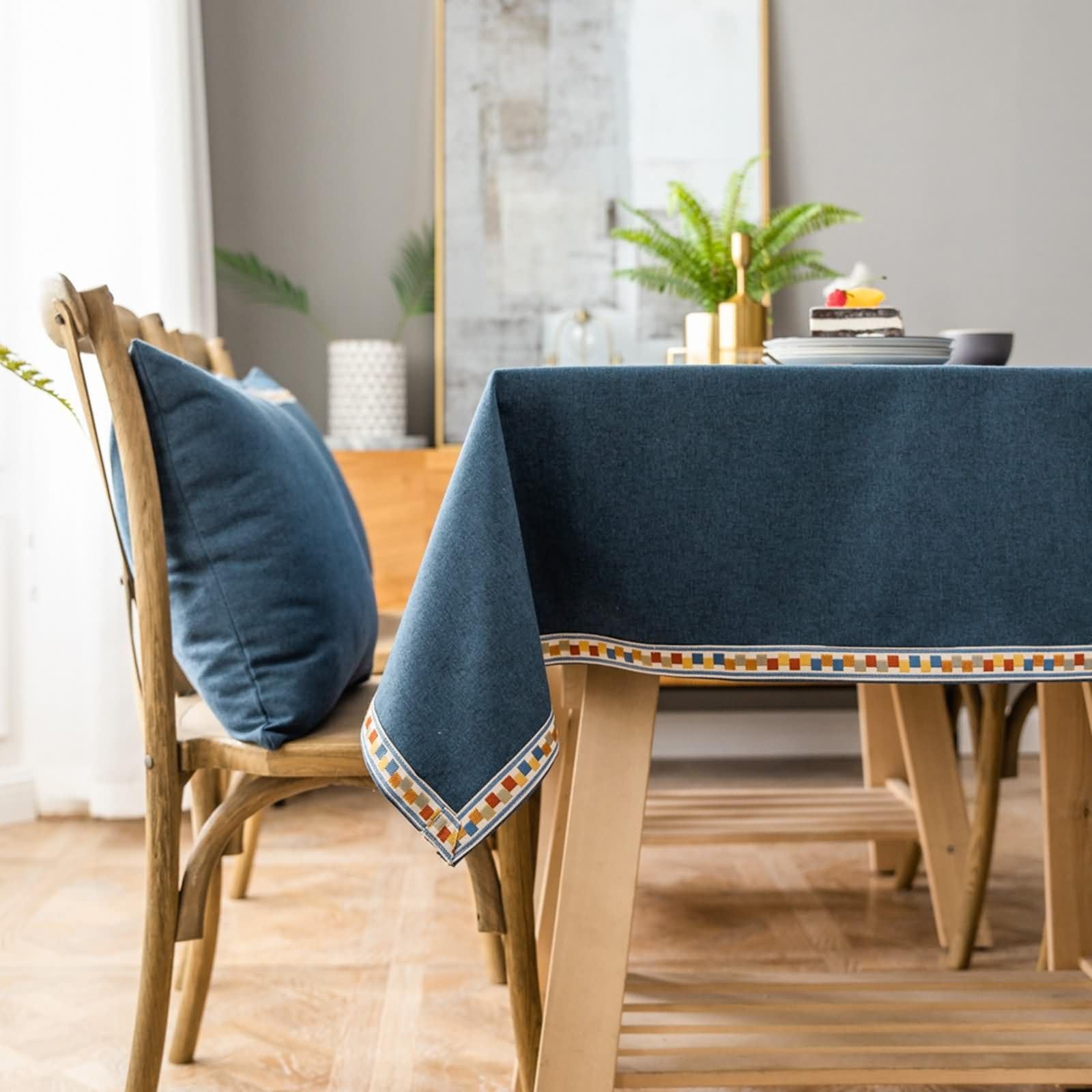 Mantel Mesa Exterior Rectangular Azul, Color Sólido con Borde Bordado, de Poliéster Fácil de Limpiar, 130 x 260 cm, Mantel para Comedor