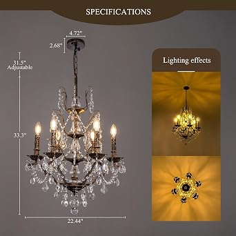 TOCHIC Vintage Chandeliers for Dining Room,6-Light Rustic French Empire Crystal Chandelier for Bedroom,Antique Bronze High Ceiling Kitchen Light Fixtures for Living Room Entryway Foyer Hallway D22.5