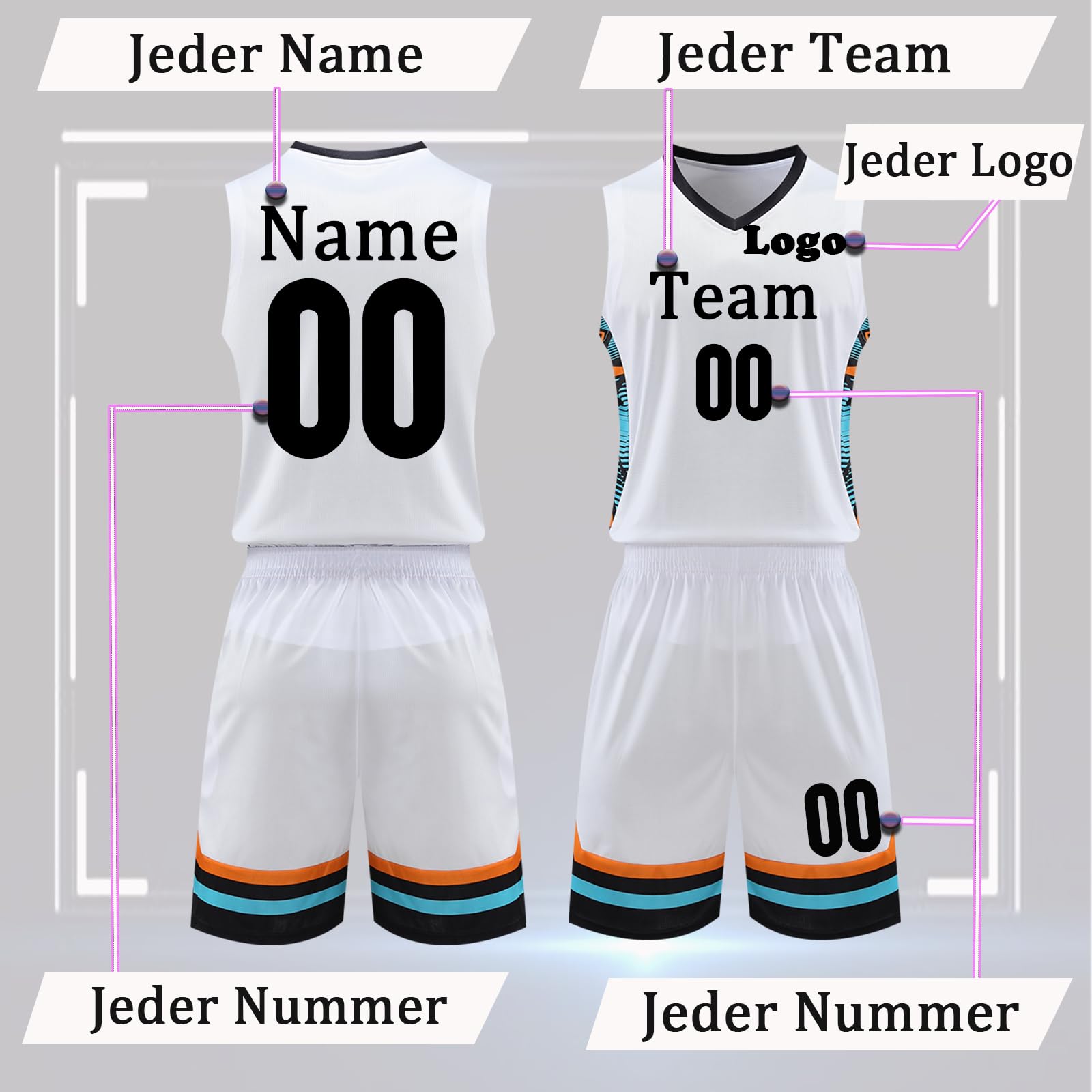 Benutzerdefiniert Trikots Kinder Erwachsene Basketball Tshirt & Shorts 2 Teiliges Set Name Nummer Team Logo Personifizieren Basketball Trikots