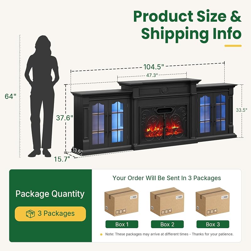 104" Fireplace TV Stand with Metal Screen, 3-in-1 Modular: Mantel +Cabinets image 2