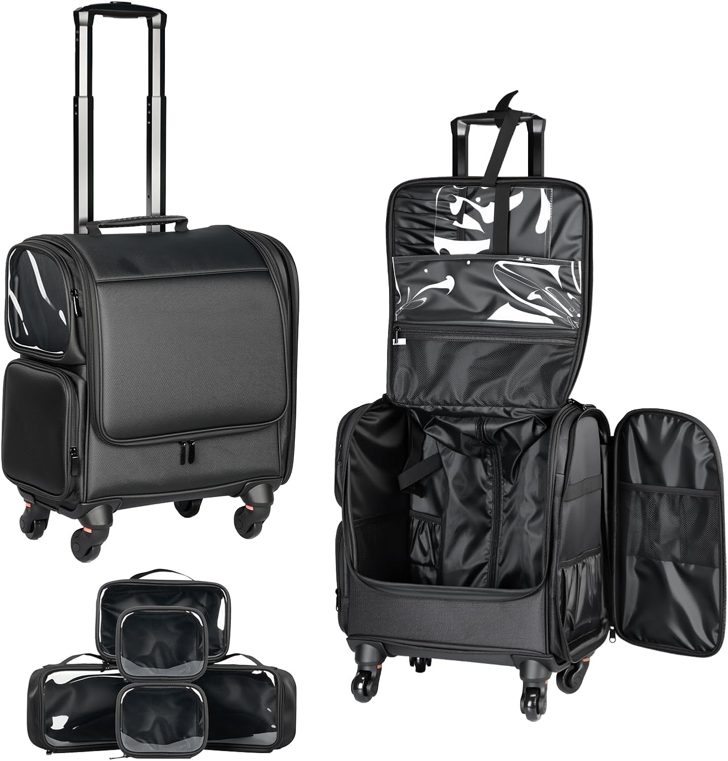 Rolling Makeup Case with Wheels, Professional Makeup Train Case with 5 Clear Makeup Bags, Large Capacity Waterproof 1080D Oxford Cosmetic Organizer for Makeup Artist, Nail Tech & Hairstylist, Black